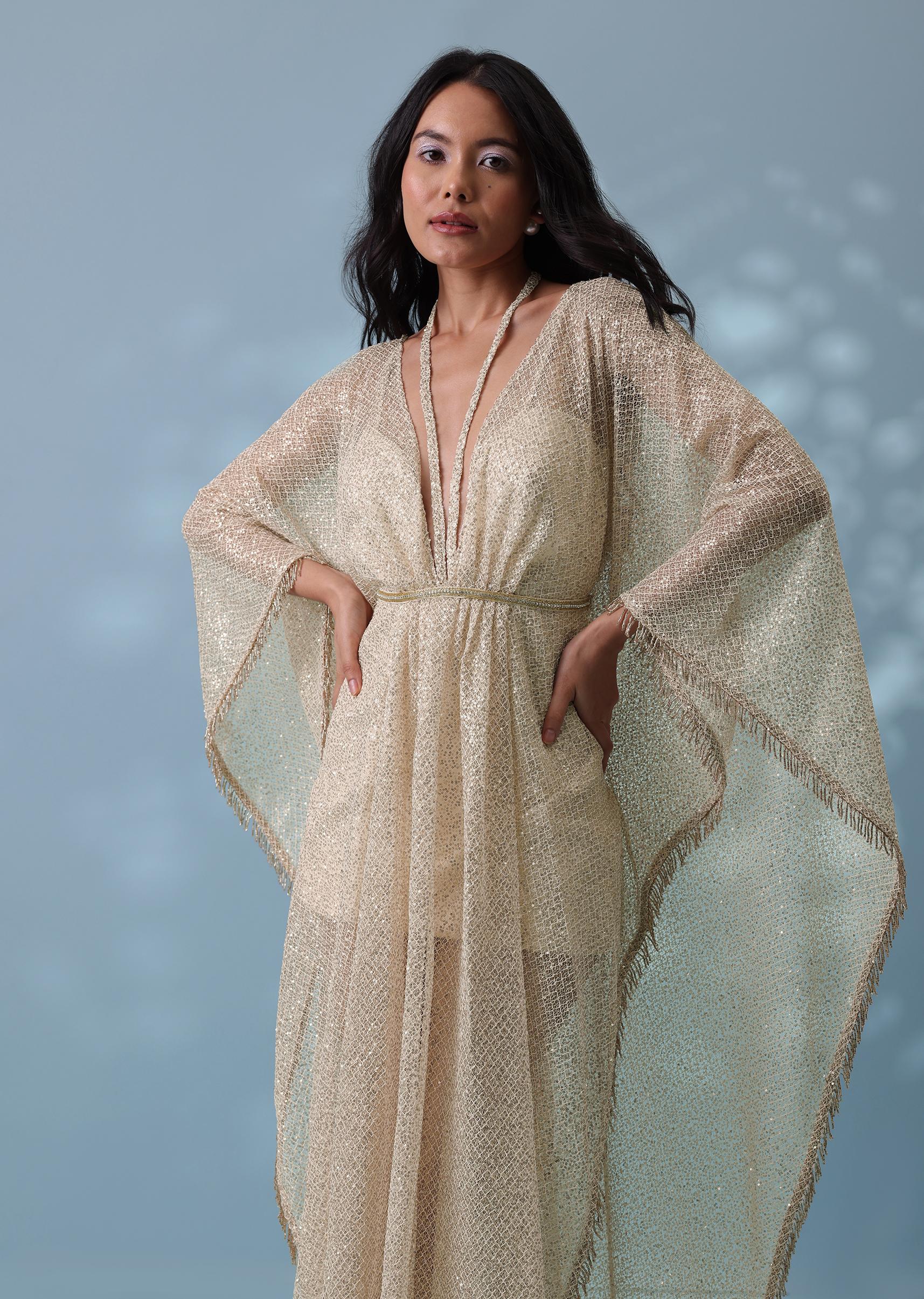 Kalki Fashion,SG132911,Ivory White Indowestern Kaftan In Sequins With Tassels
