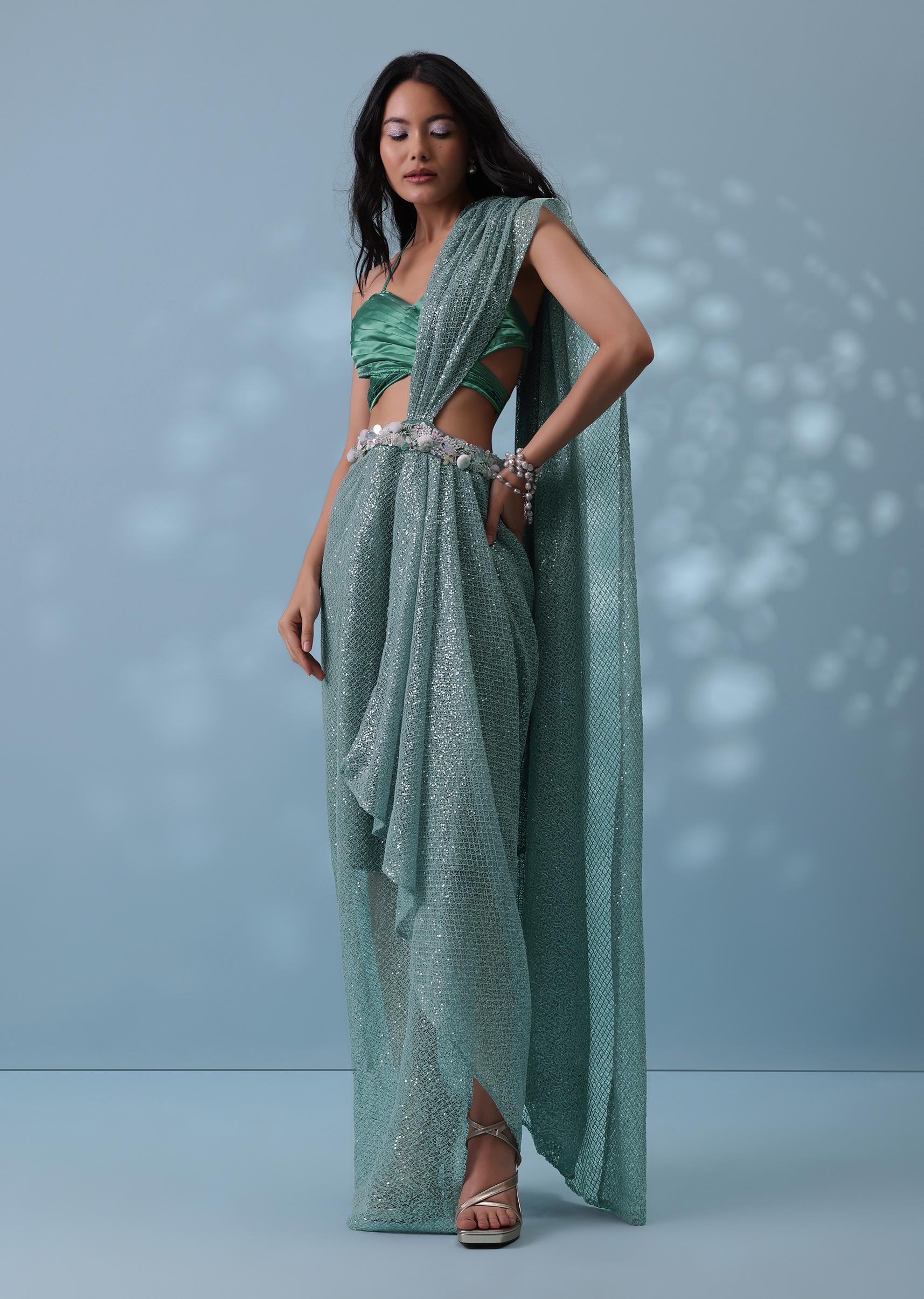 Kalki Fashion,SG132177,Mint Green Indowestern Ready-To-Wear Drape Saree With Strap Blouse In Sequins