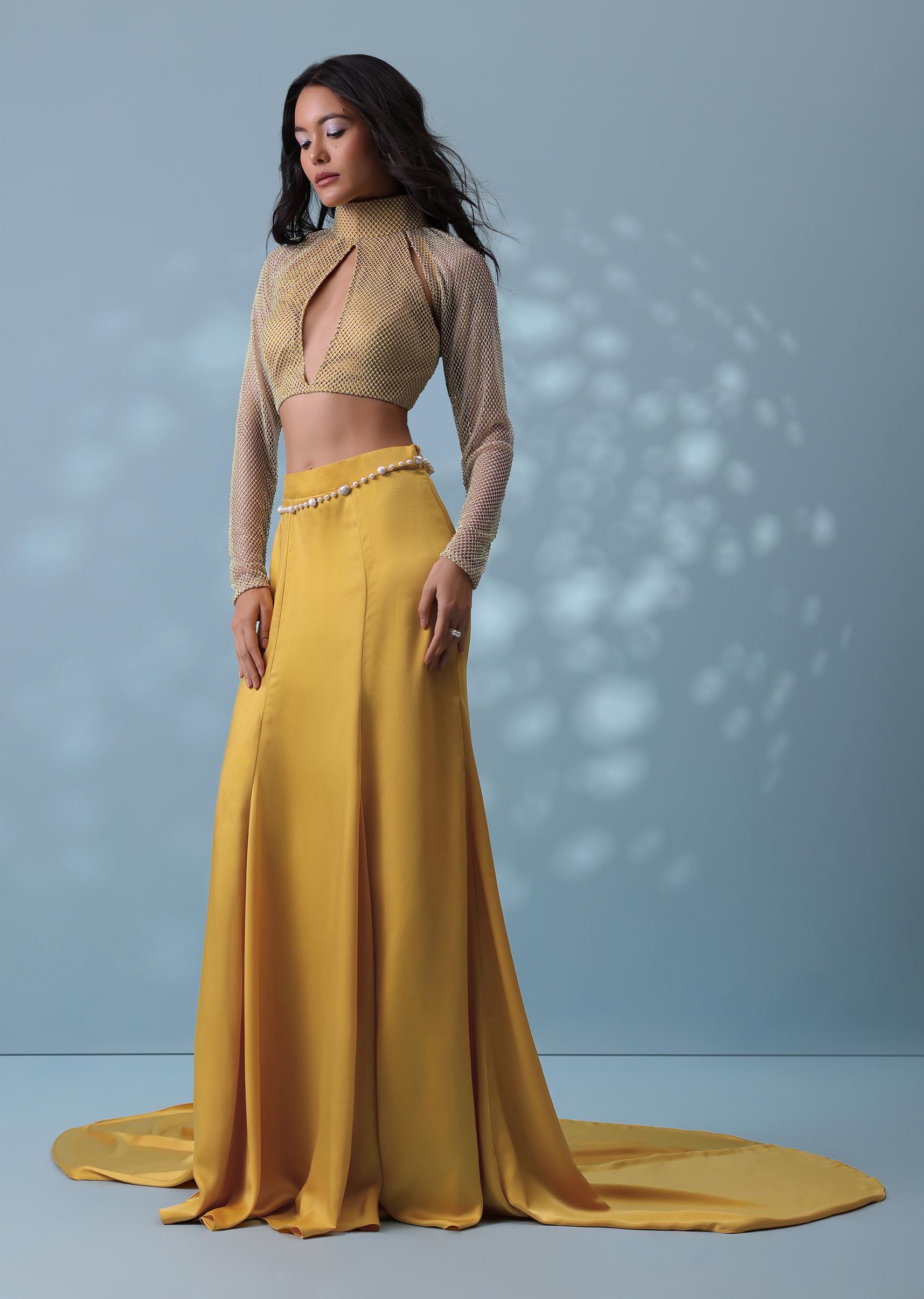 Kalki Fashion,SG132383,Mustard Yellow Indowestern Trail Skirt In Milano Satin With Mesh Blouse