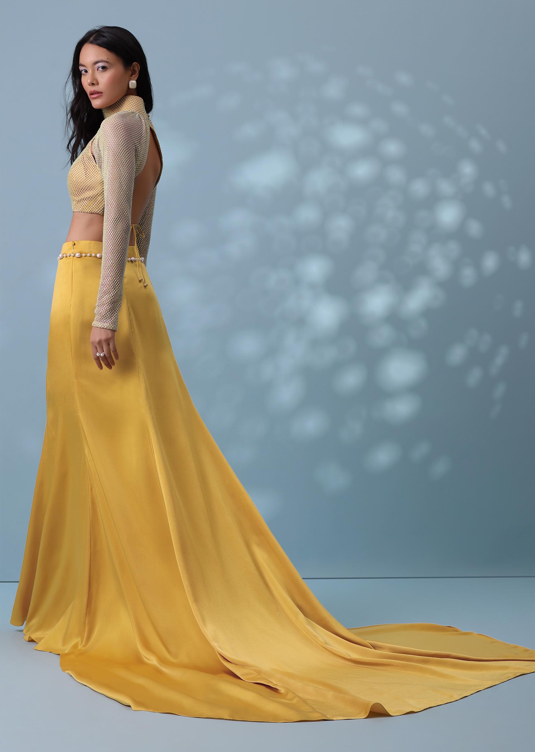 Kalki Fashion,SG132383,Mustard Yellow Indowestern Trail Skirt In Milano Satin With Mesh Blouse