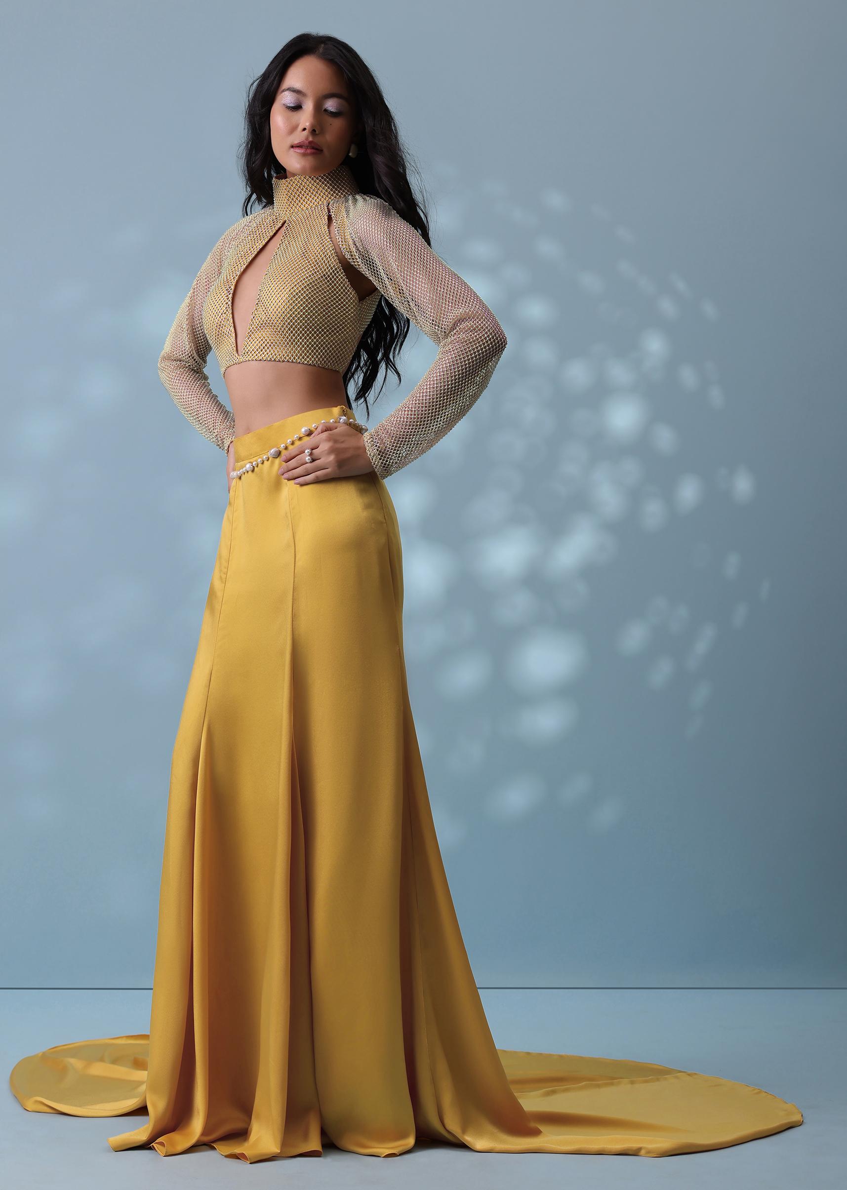 Kalki Fashion,SG132383,Mustard Yellow Indowestern Trail Skirt In Milano Satin With Mesh Blouse