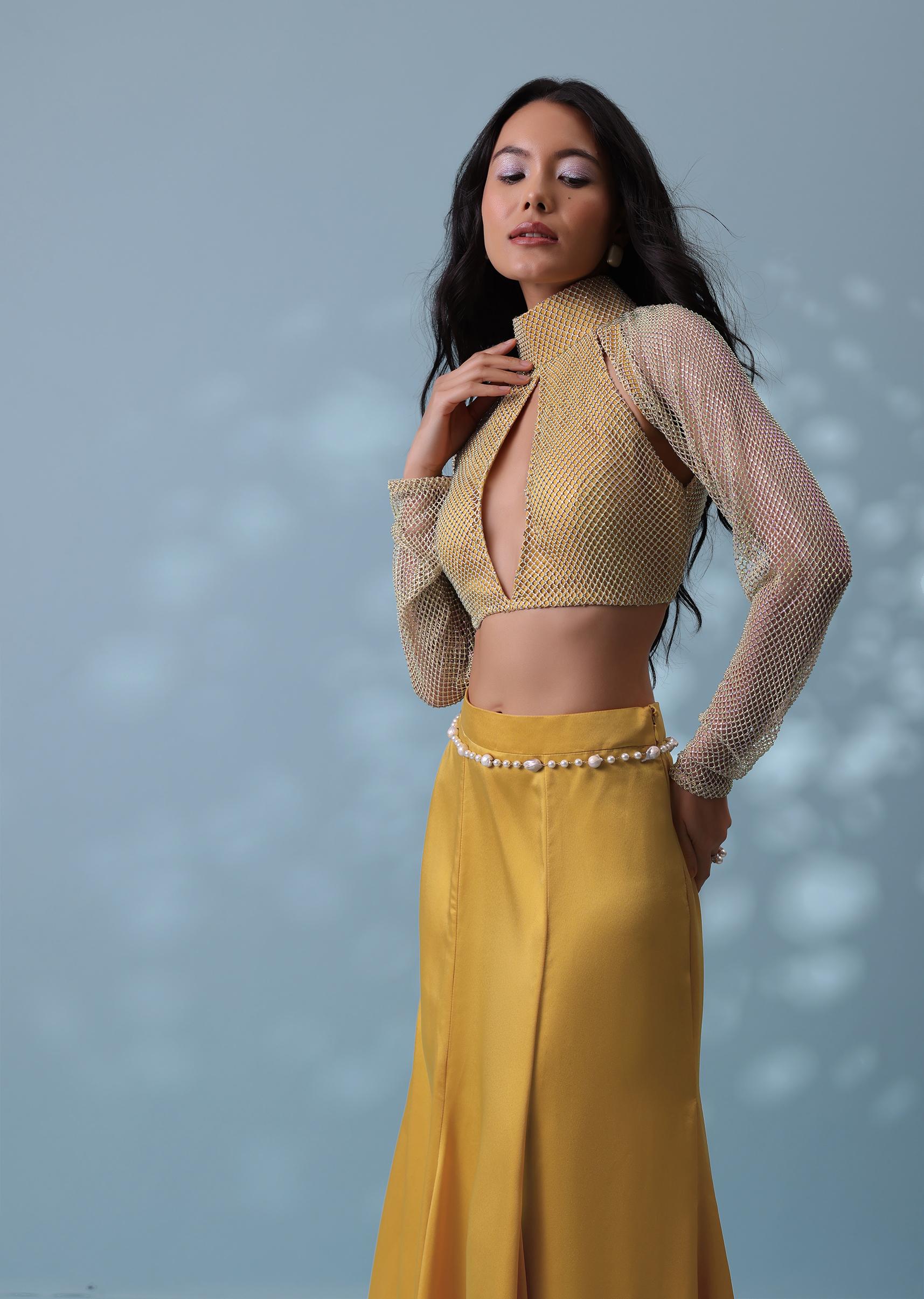 Kalki Fashion,SG132383,Mustard Yellow Indowestern Trail Skirt In Milano Satin With Mesh Blouse