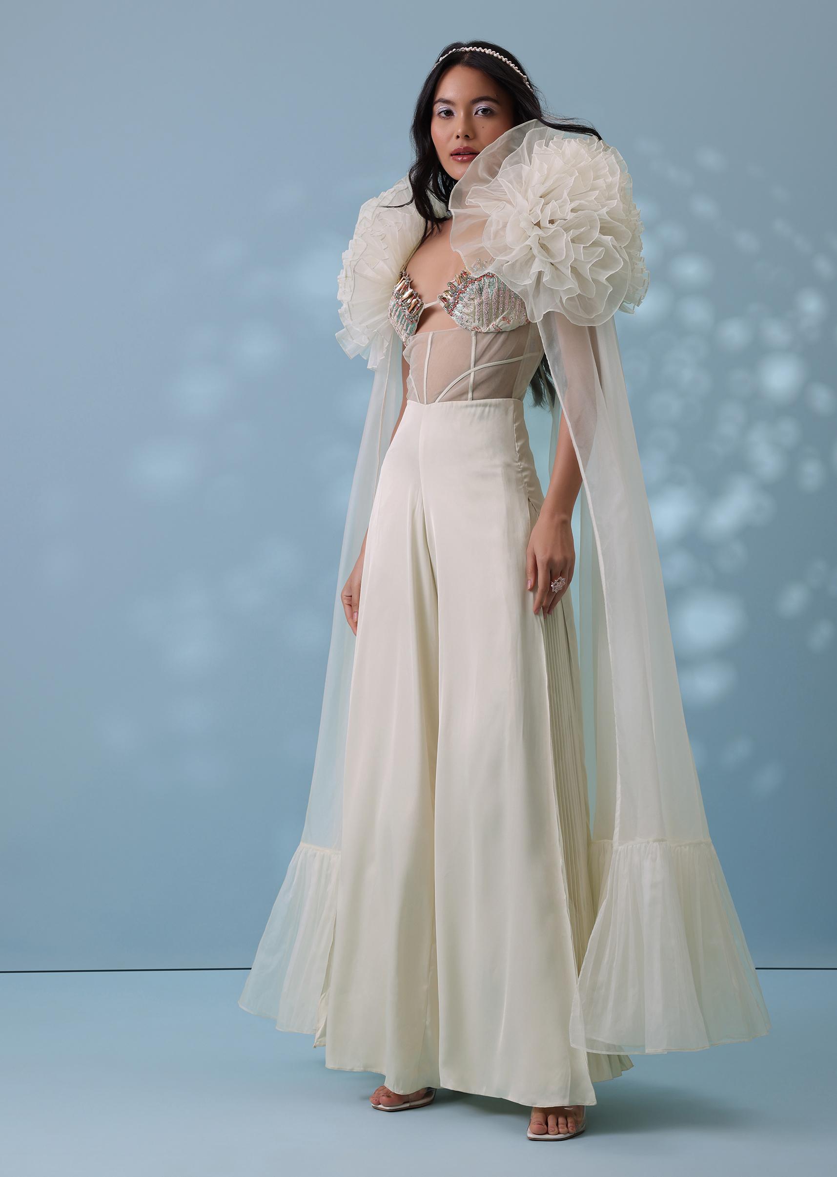 Kalki Fashion,SG133301,Pearl White Satin Indowestern Embroidered Jumpsuit With Net Shrug