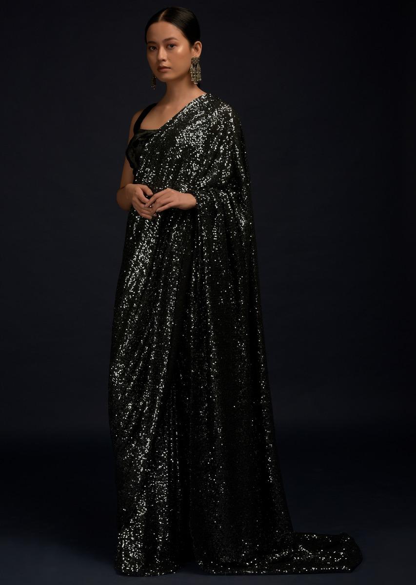 Kalki Fashion,M001M470Y-SG55492,Black And Silver Ready Pleated Saree Embellished In Sequins And Black Velvet Blouse With Scooped Neckline