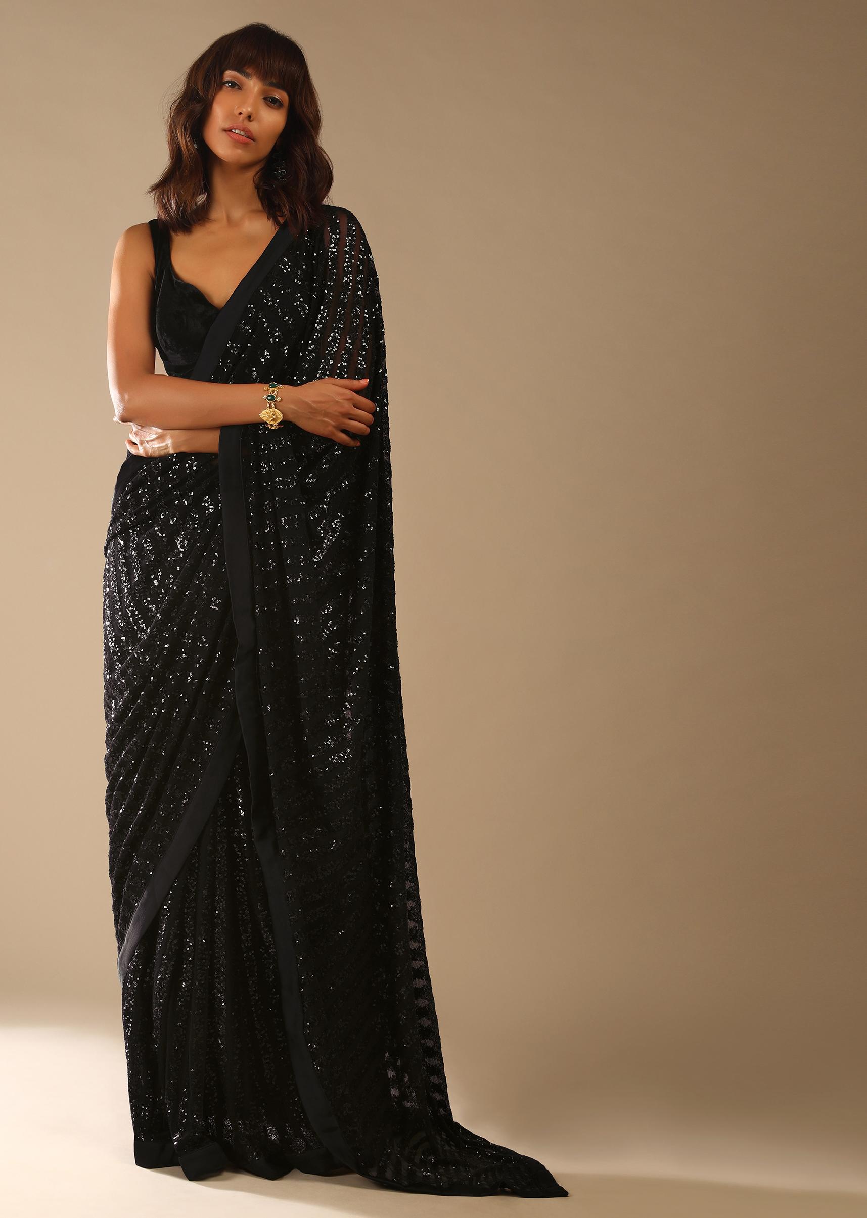 Kalki Fashion,M001RA447Y-SG75951,Black Ready Pleated Saree Embellished In Sequins And A Sleeveless Velvet Blouse With A Front Cut Out