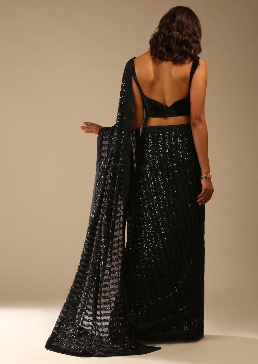 Kalki Fashion,M001RA447Y-SG75951,Black Ready Pleated Saree Embellished In Sequins And A Sleeveless Velvet Blouse With A Front Cut Out