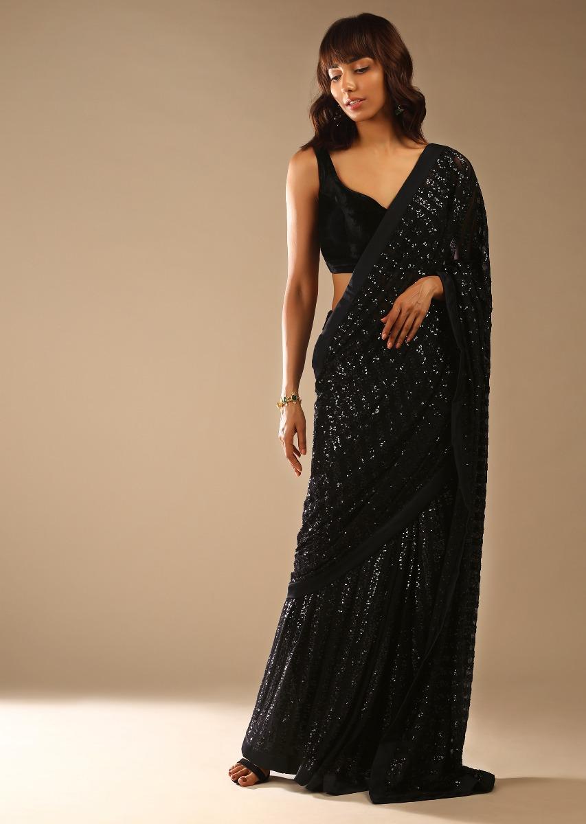Kalki Fashion,M001RA447Y-SG75951,Black Ready Pleated Saree Embellished In Sequins And A Sleeveless Velvet Blouse With A Front Cut Out