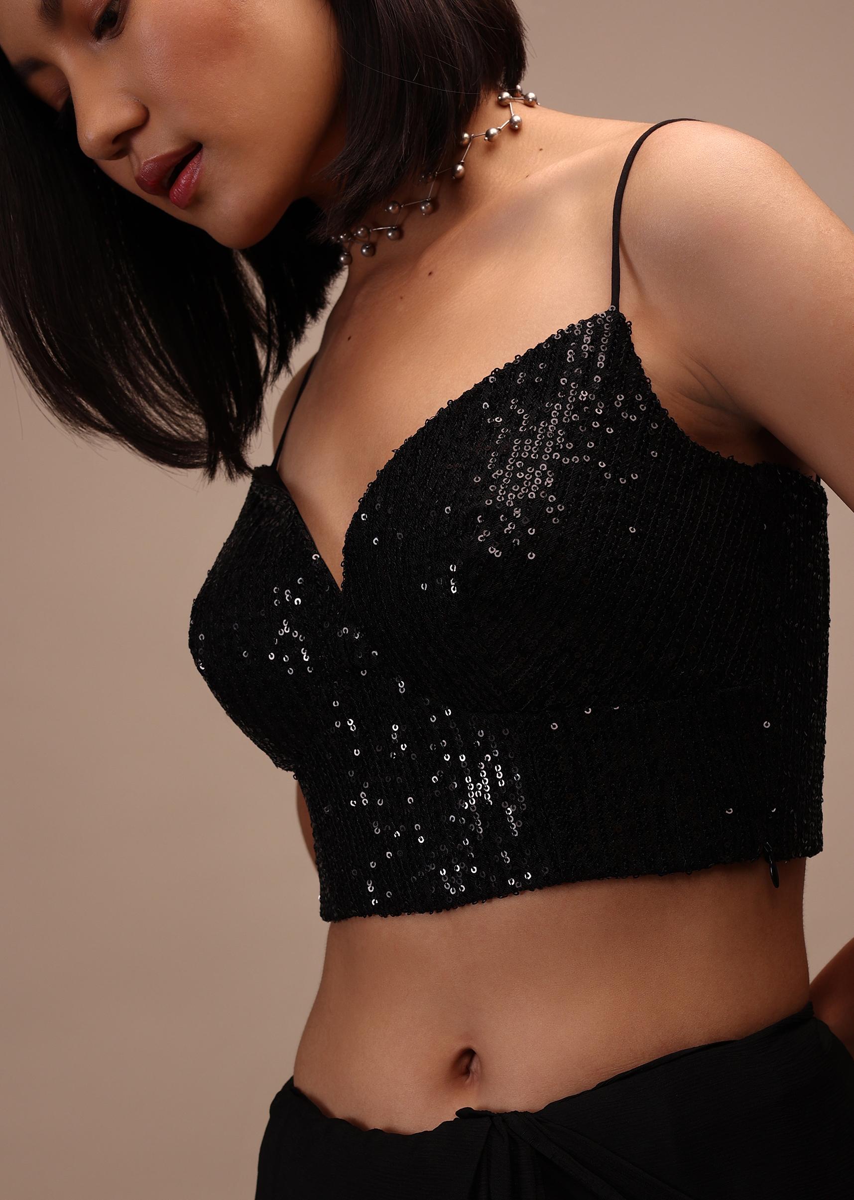 Kalki Fashion,M001BLG03Y-SG91502,Black Sequin Spaghetti Strap Blouse In A Sweetheart Neckline Straight Hemline With Side Zip Closure