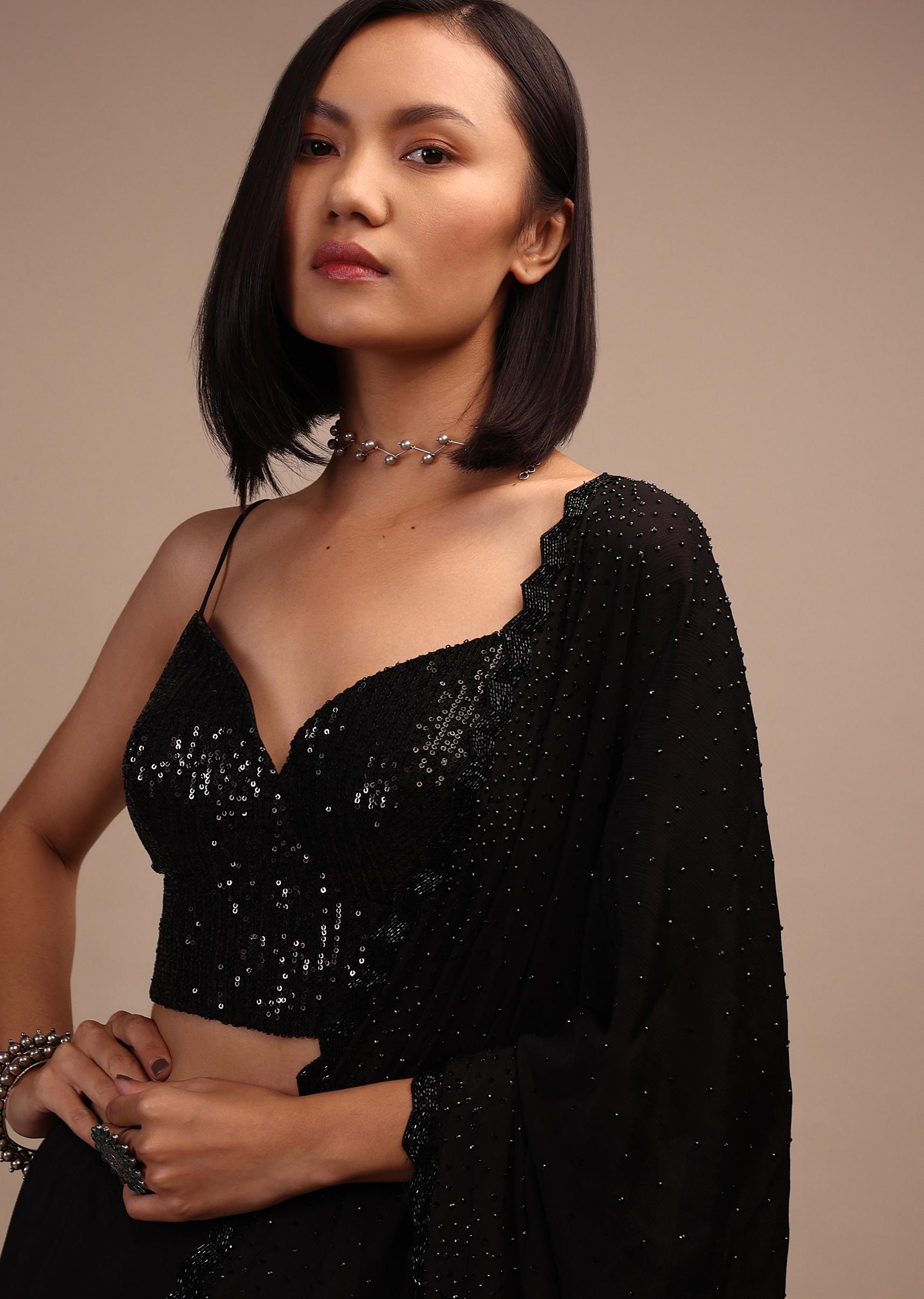 Kalki Fashion,M001BLG03Y-SG91502,Black Sequin Spaghetti Strap Blouse In A Sweetheart Neckline Straight Hemline With Side Zip Closure