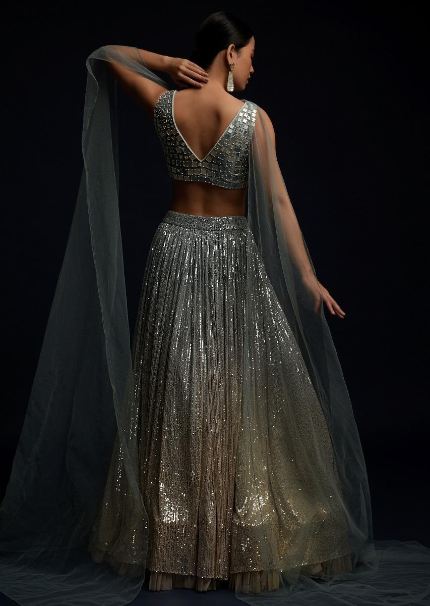 Kalki Fashion,M001TR334Y-SG58571,Blue And Beige Shaded Lehenga Embellished In Sequins With Organza Frill And Mirror Embellished Crop Top