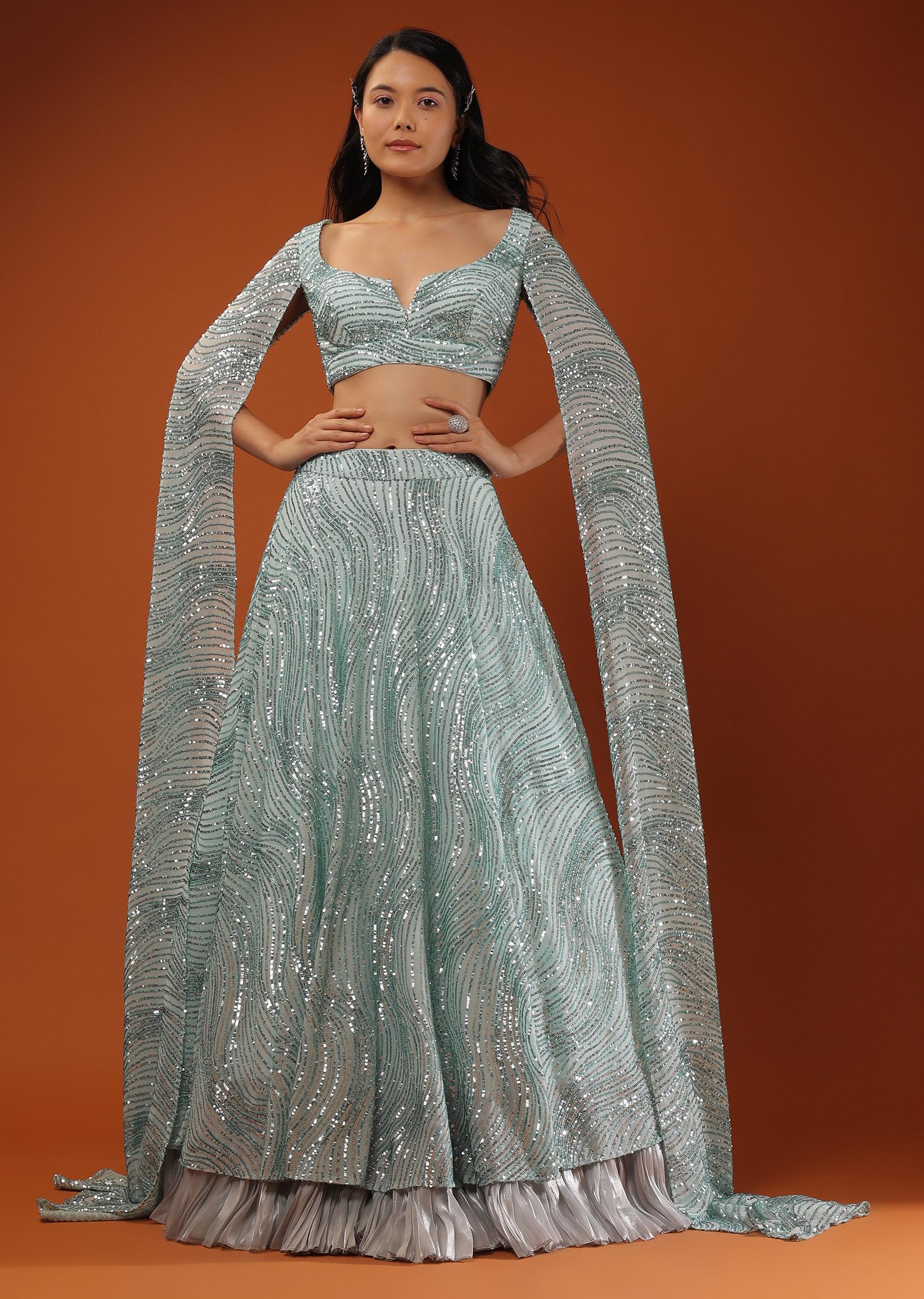 Kalki Fashion,M001AT558Y-SG98975,Blue Lehenga And A Crop Top In A Long Cape In Sequins Embroidery, Padding And A Back Hooks Closure.