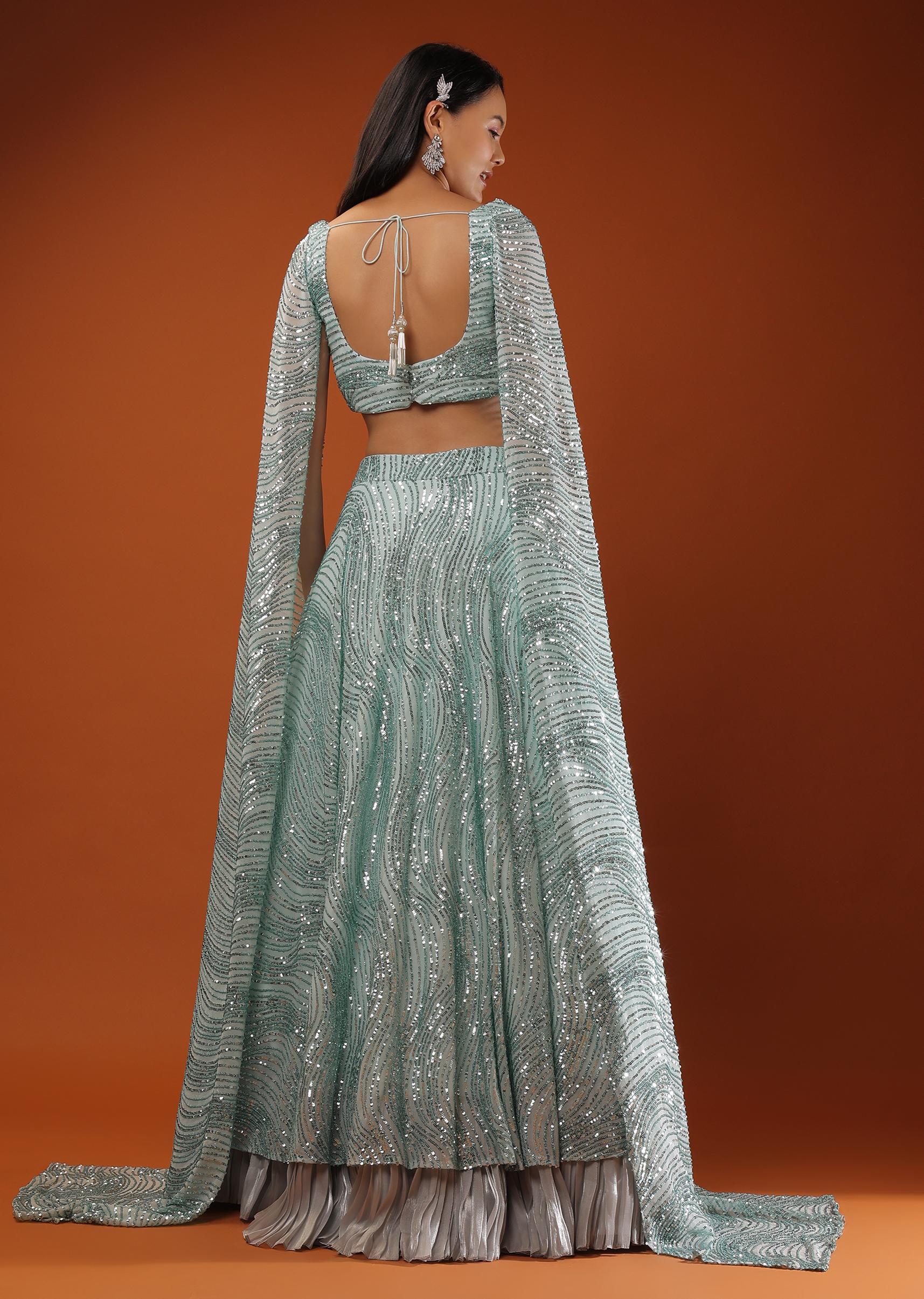 Kalki Fashion,M001AT558Y-SG98975,Blue Lehenga And A Crop Top In A Long Cape In Sequins Embroidery, Padding And A Back Hooks Closure.