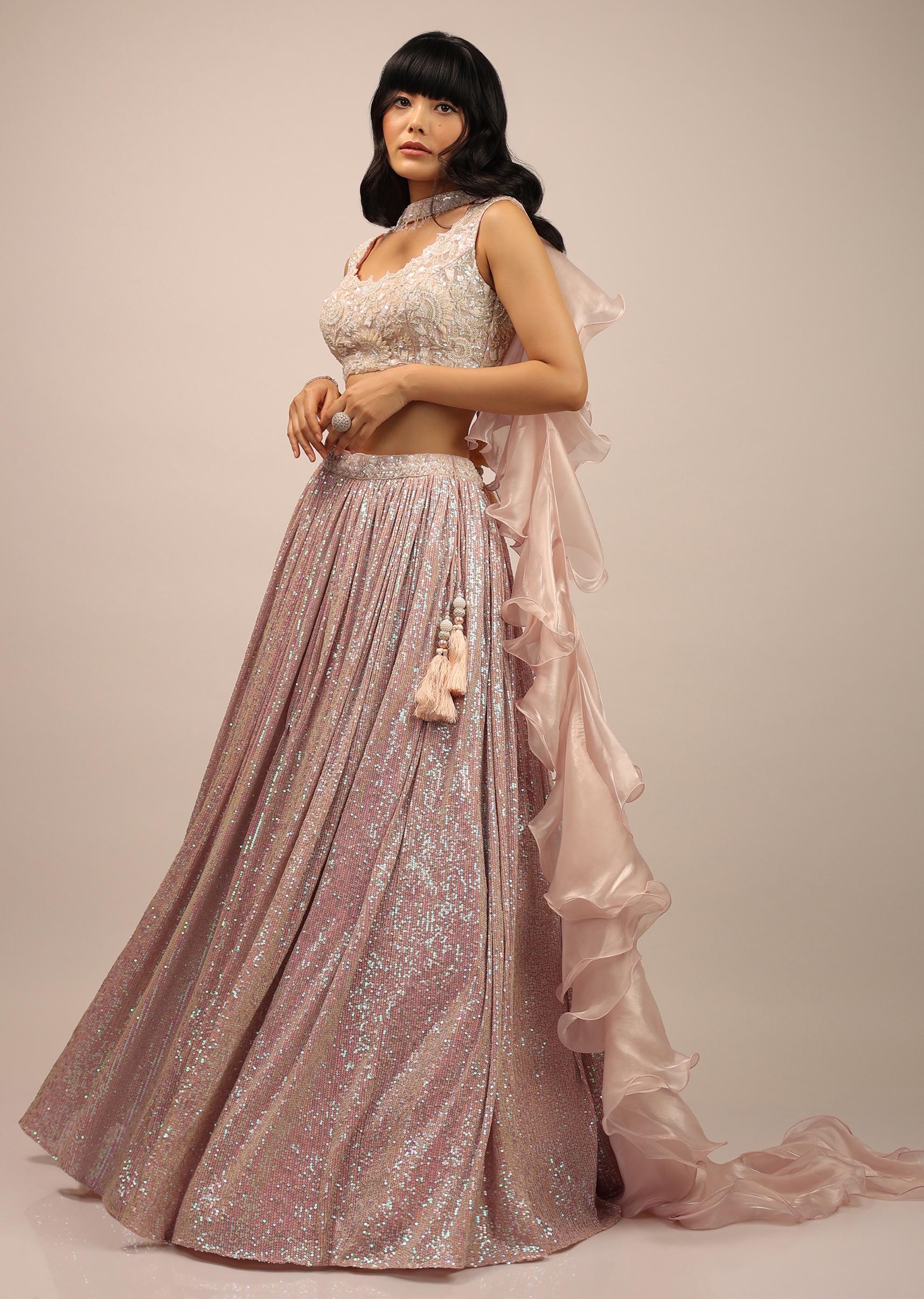 Kalki Fashion,SG90342,Blush Pink Crop Top And Pleated Skirt With Sequins