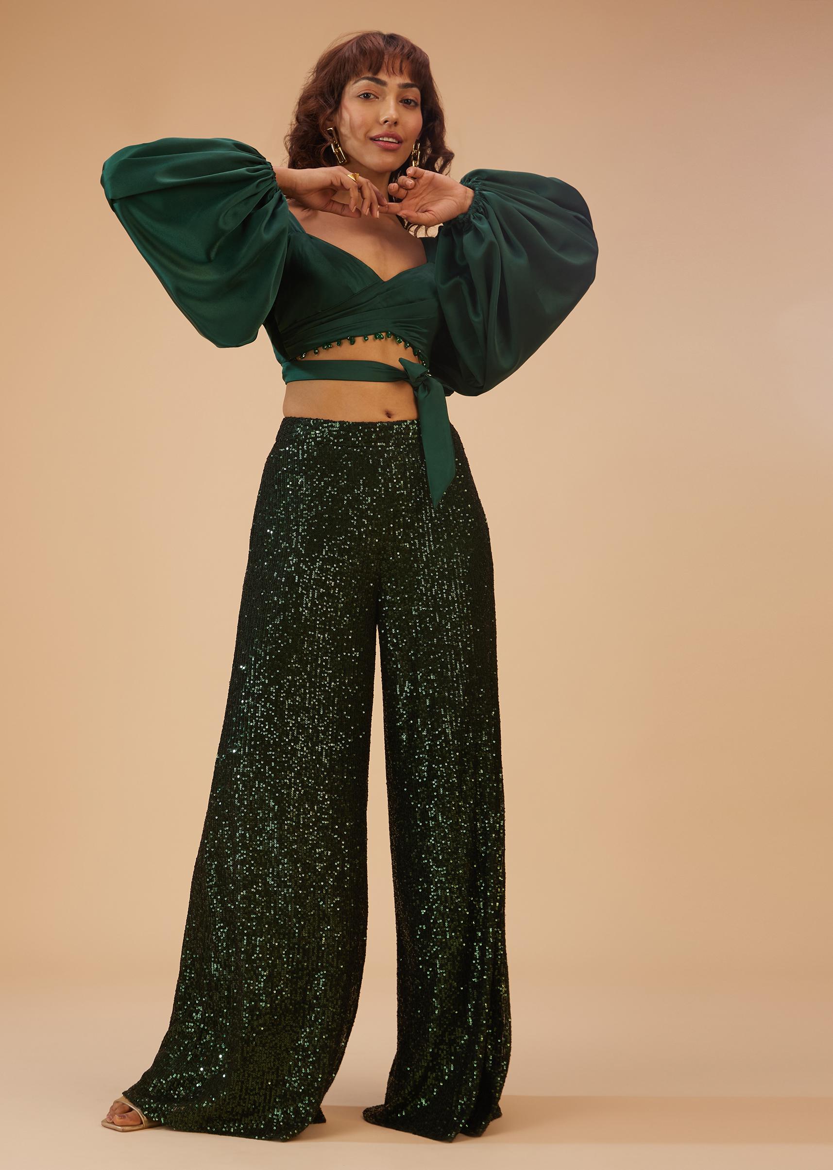 Kalki Fashion,SG122053,Bottle Green Palazzo And Crop-Top Set
