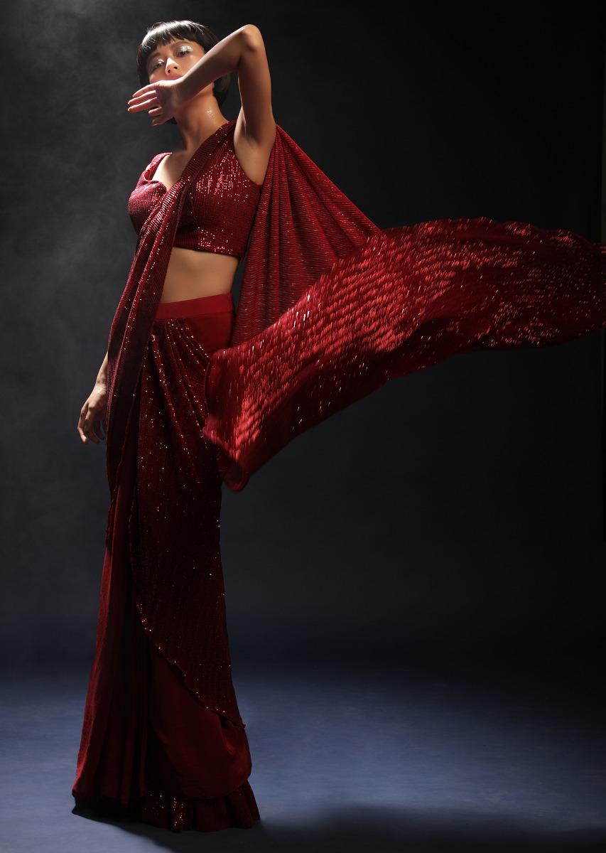 Kalki Fashion,M001RA397Y-SG54599,Burgundy Red Ready Pleated Saree In Crepe With Sequins Embellished Pallu, Frill On The Hemline And Ready Blouse