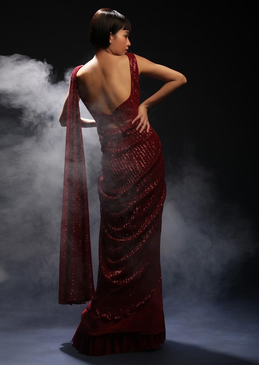 Kalki Fashion,M001RA397Y-SG54599,Burgundy Red Ready Pleated Saree In Crepe With Sequins Embellished Pallu, Frill On The Hemline And Ready Blouse