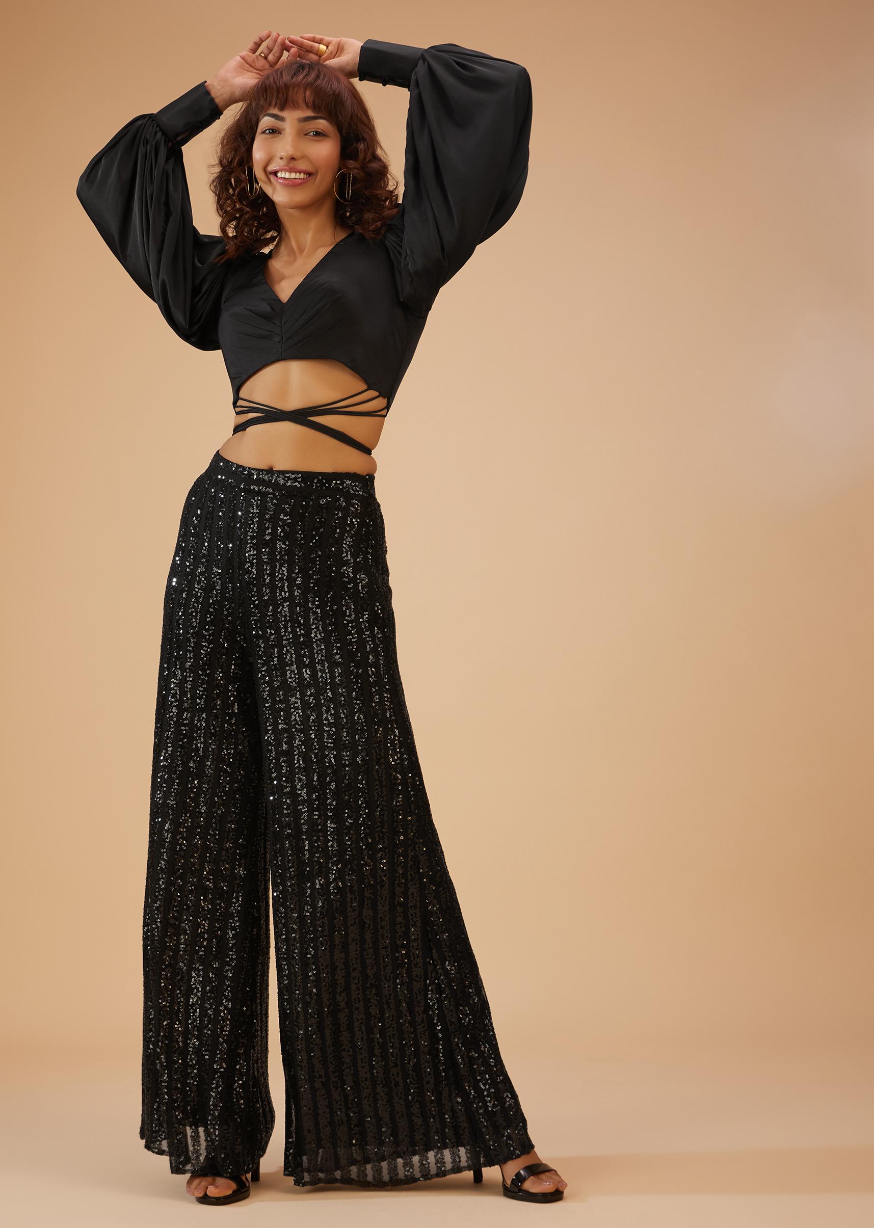 Kalki Fashion,SG126745,Caviar Black Palazzo And Crop-Top Set