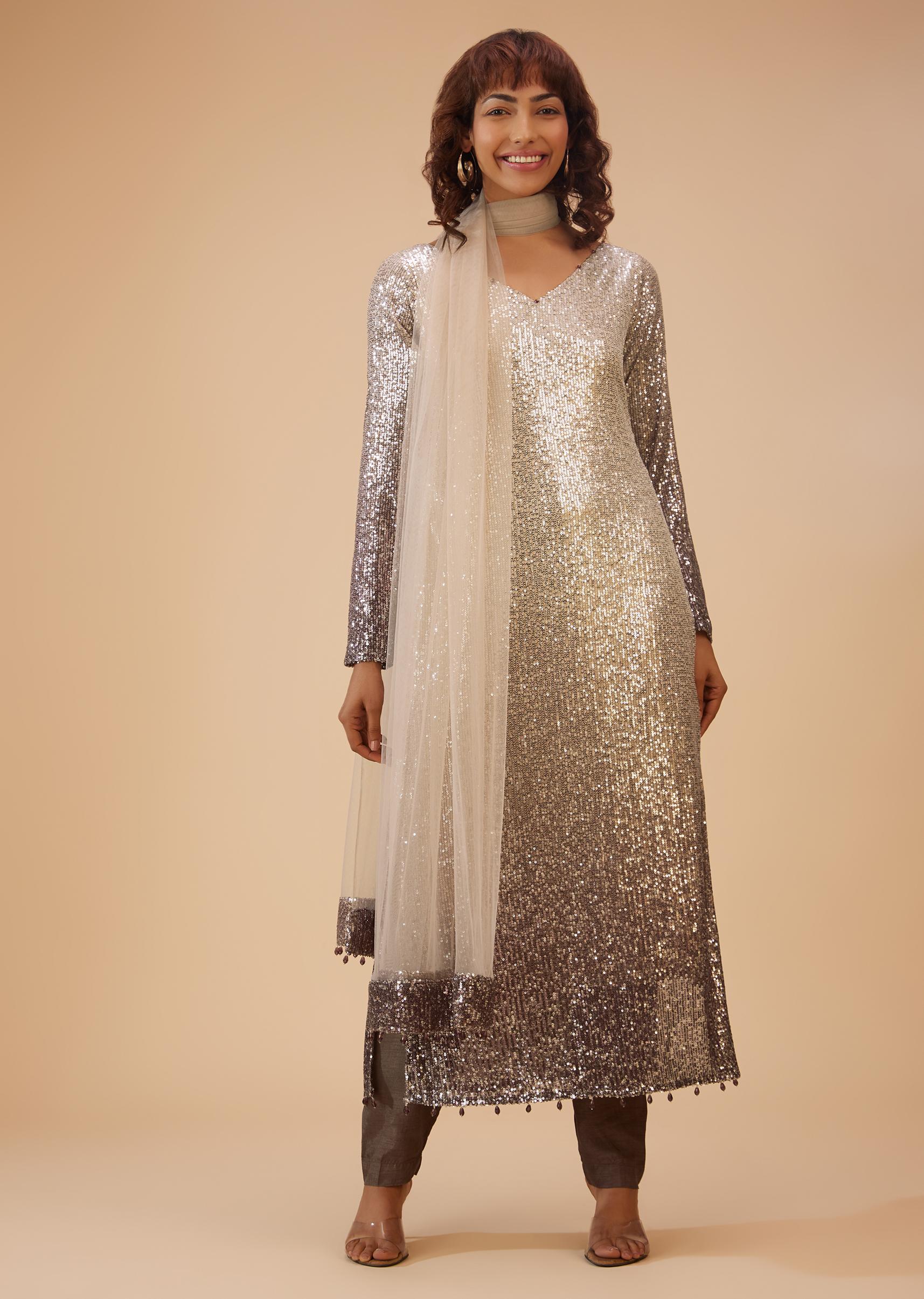Kalki Fashion,SG111640,Coffee Brown And Silver Gradient Shade Pant Suit Set In Sequins