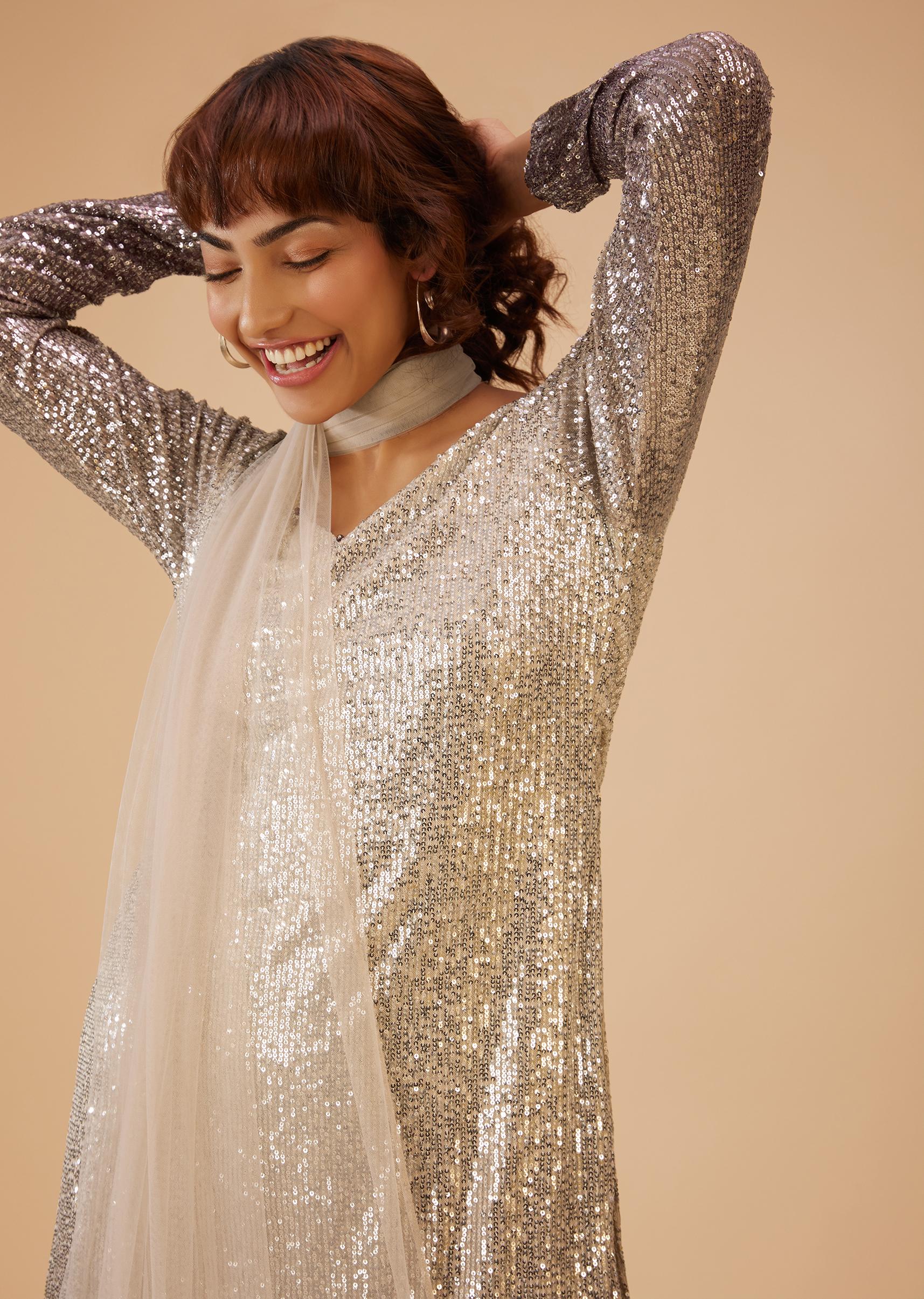 Kalki Fashion,SG111640,Coffee Brown And Silver Gradient Shade Pant Suit Set In Sequins