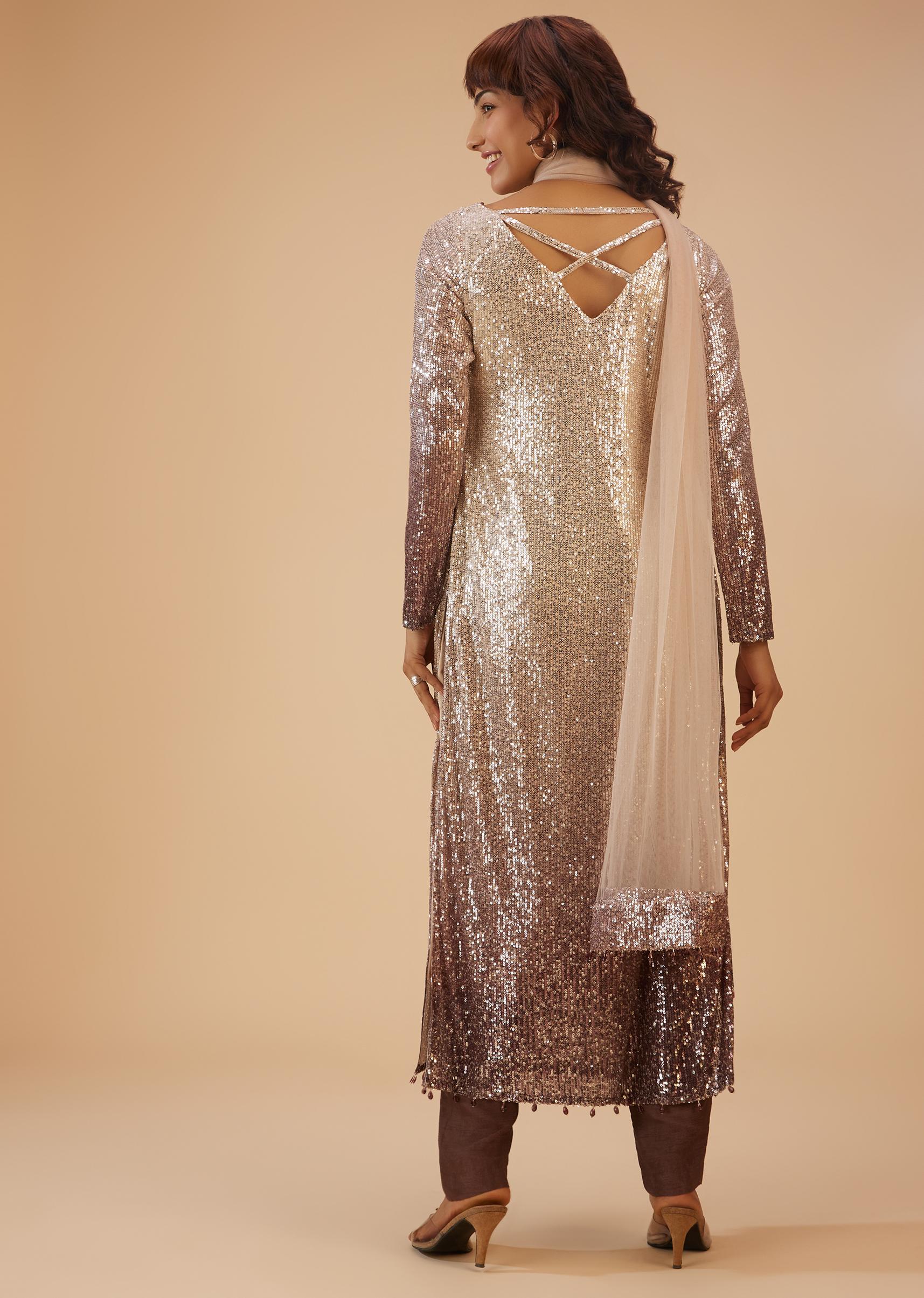 Kalki Fashion,SG111640,Coffee Brown And Silver Gradient Shade Pant Suit Set In Sequins