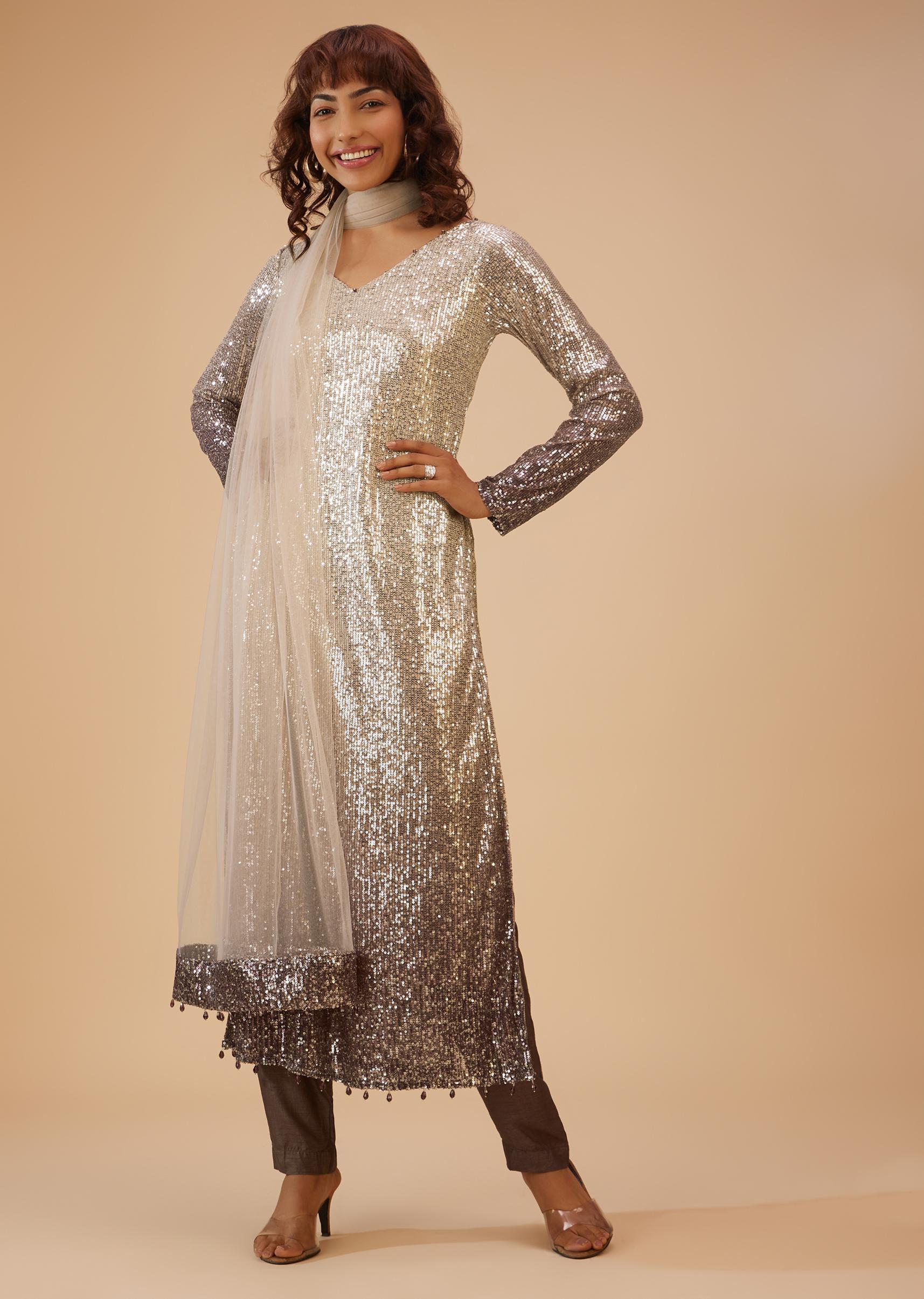 Kalki Fashion,SG111640,Coffee Brown And Silver Gradient Shade Pant Suit Set In Sequins