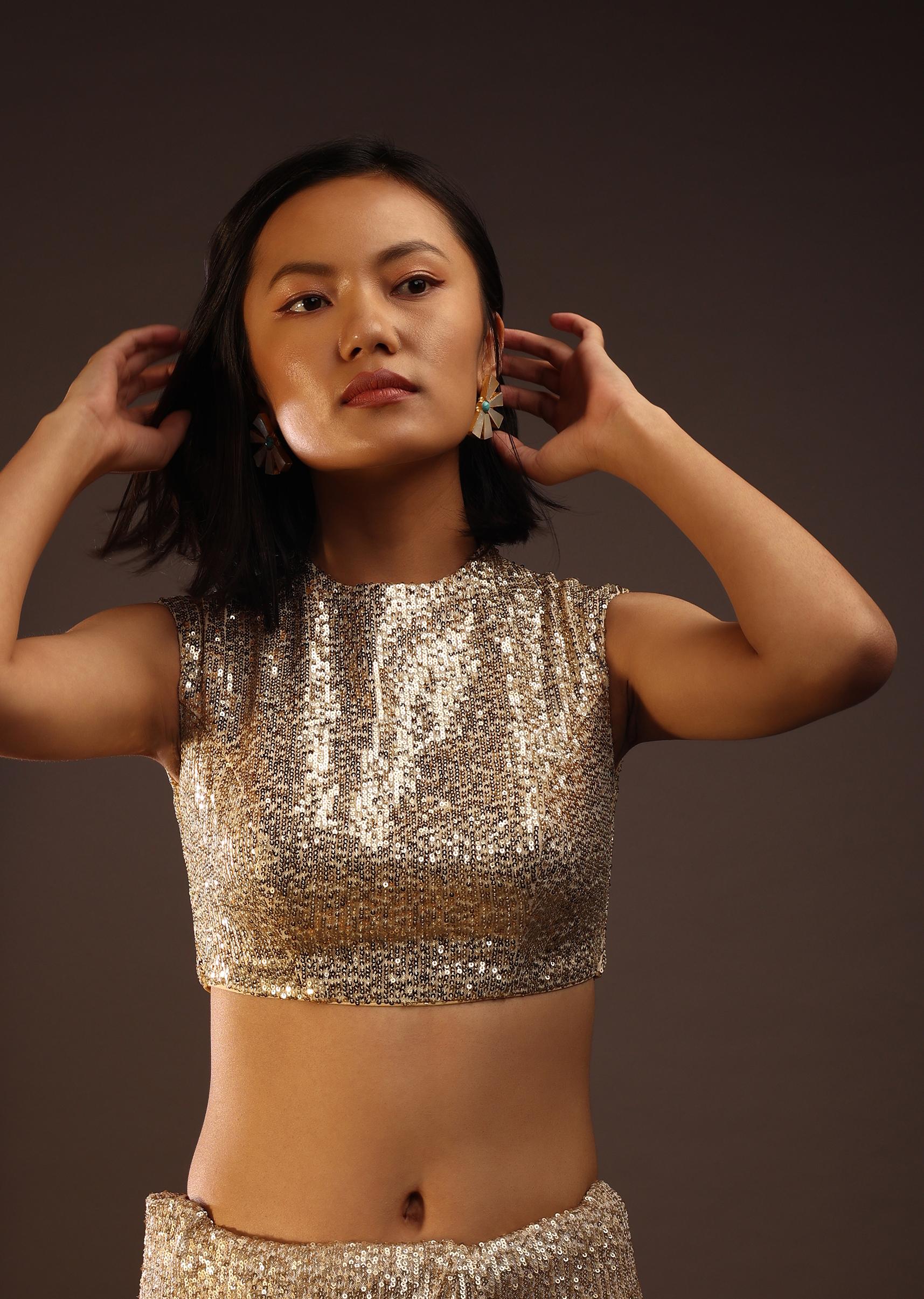 Kalki Fashion,M001BLAT442Y-SG92235,Gold Sequins Sleeveless Blouse With A Round Neckline