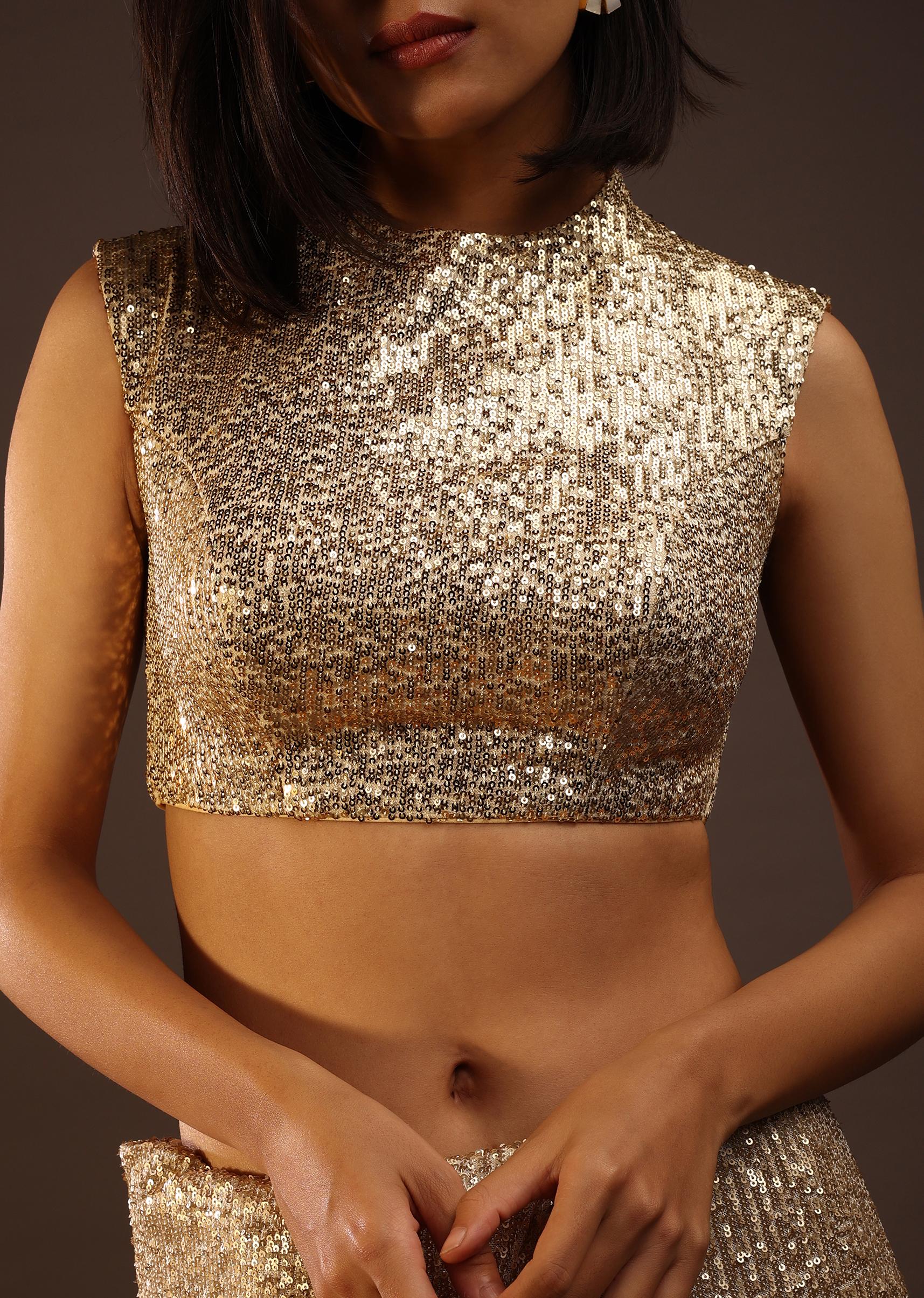Kalki Fashion,M001BLAT442Y-SG92235,Gold Sequins Sleeveless Blouse With A Round Neckline