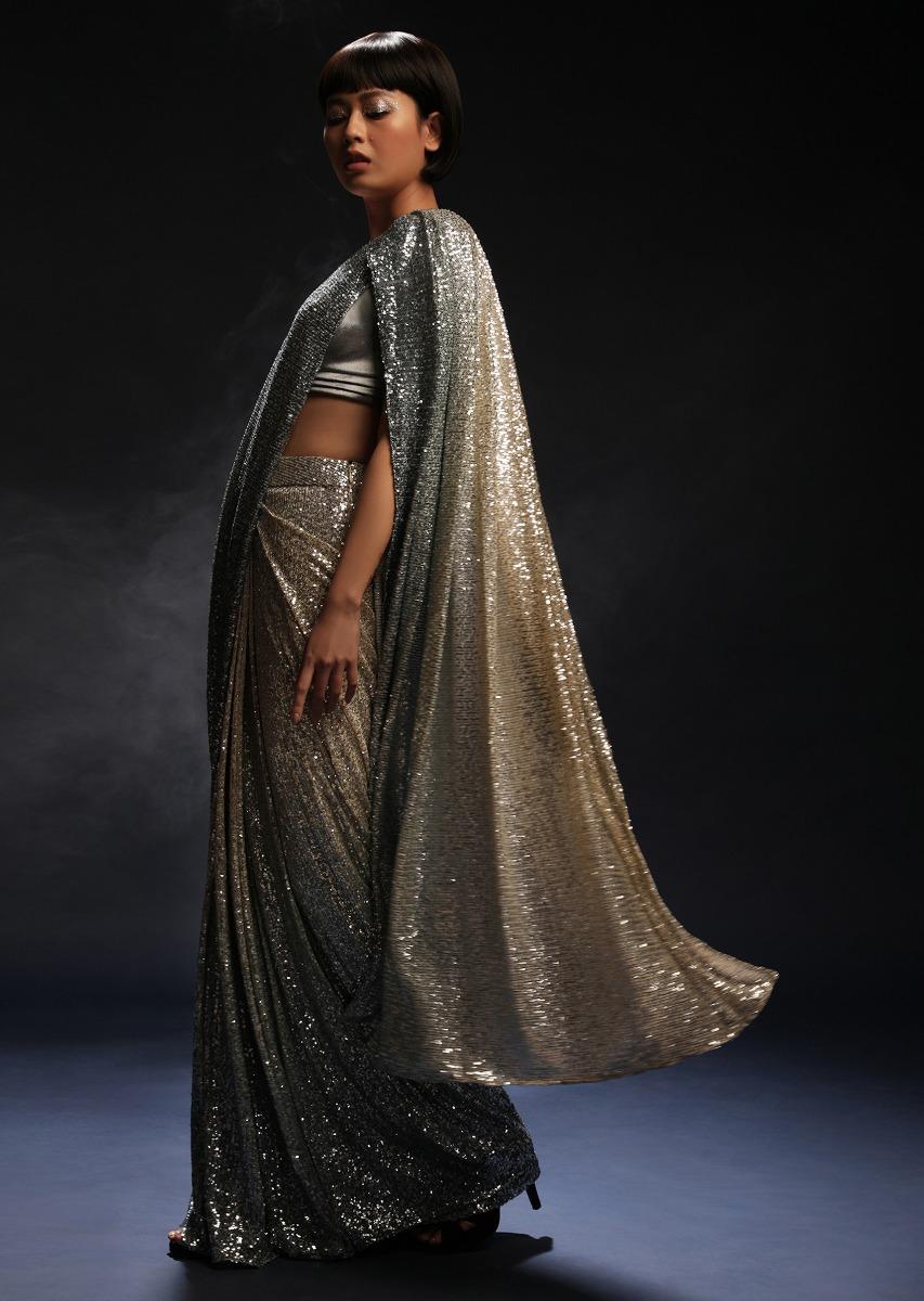 Kalki Fashion,M001RA397Y-SG54559,Grey And Silver Ombre Ready Pleated Saree Embellished In Sequins And Grey Velvet Blouse With Front Cut Out