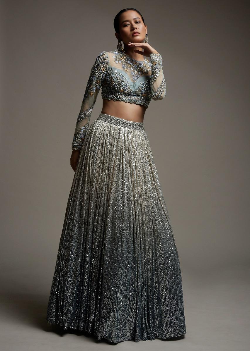 Kalki Fashion,M001RA408Y-SG56169,Grey Ombre Lehenga Embellished In Sequins With A Resham And Cut Dana Embroidered Choli