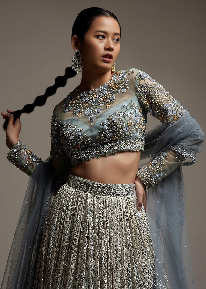 Kalki Fashion,M001RA408Y-SG56169,Grey Ombre Lehenga Embellished In Sequins With A Resham And Cut Dana Embroidered Choli