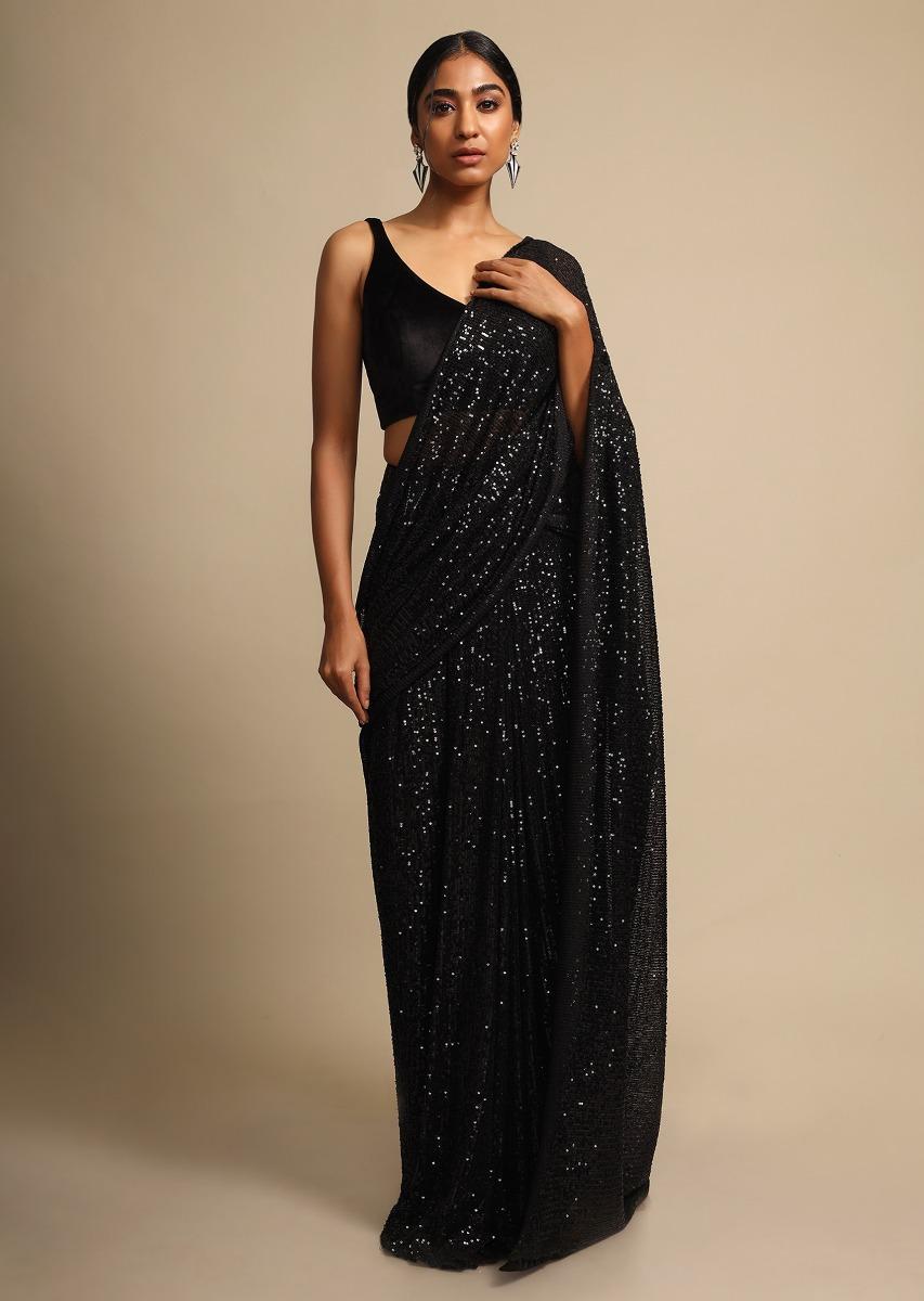 Kalki Fashion,M001M470Y-SG44608,Ink Black Saree Embellished In Sequins With Ready Stitched Pleats