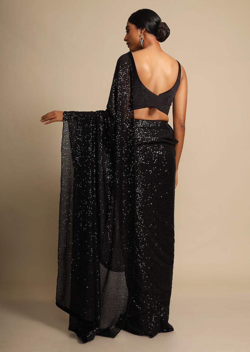 Kalki Fashion,M001M470Y-SG44608,Ink Black Saree Embellished In Sequins With Ready Stitched Pleats