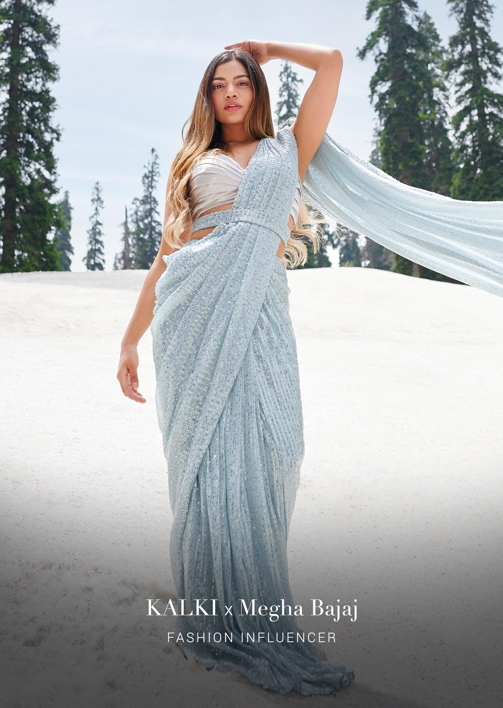 Kalki Fashion,M001TR379Y-SG67383,Megha Bajaj In Kalki Aqua Blue Ready Pleated Saree Embellished In Sequins With A Pleated Satin Blouse