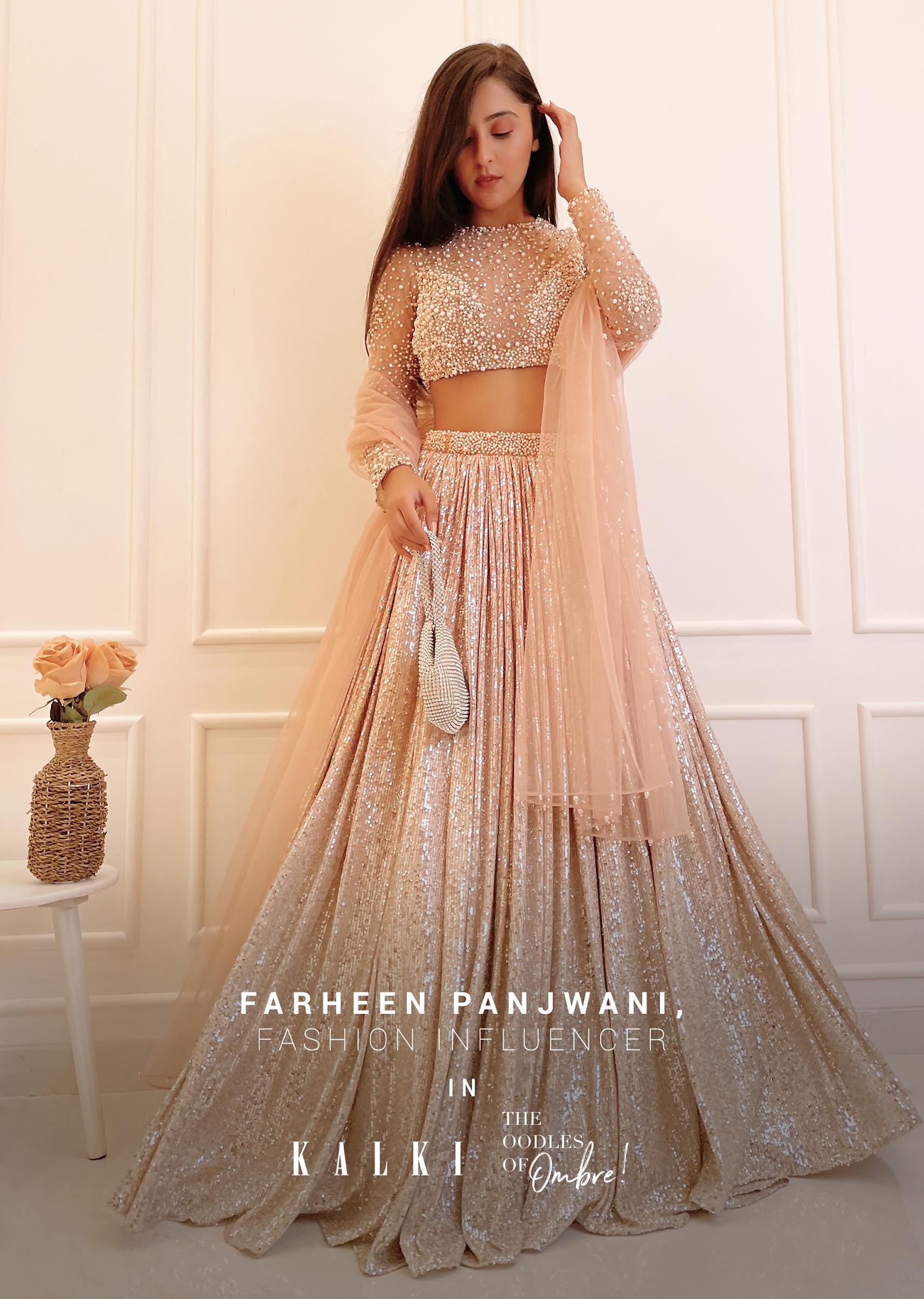 Kalki Fashion,M001RA425Y-SG56191,Melon Peach Ombre Lehenga Embellished In Sequins With Moti Embroidered Crop Top With Illusion Neckline And Full Sleeves