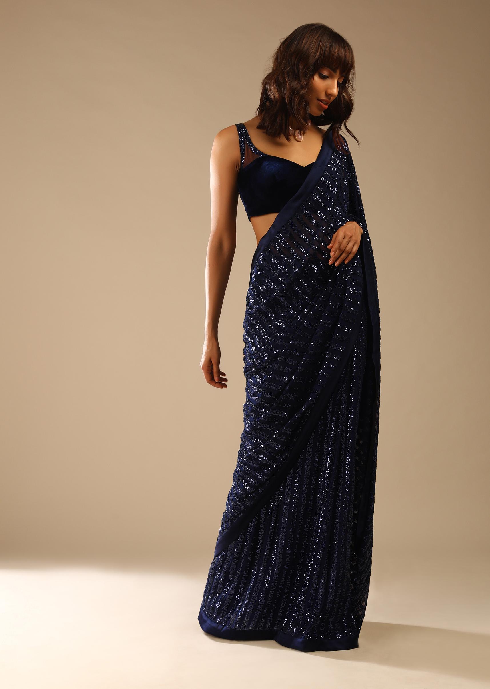 Kalki Fashion,M001RA445Y-SG59239,Midnight Blue Ready-To-Wear Sequins Saree With Velvet Blouse
