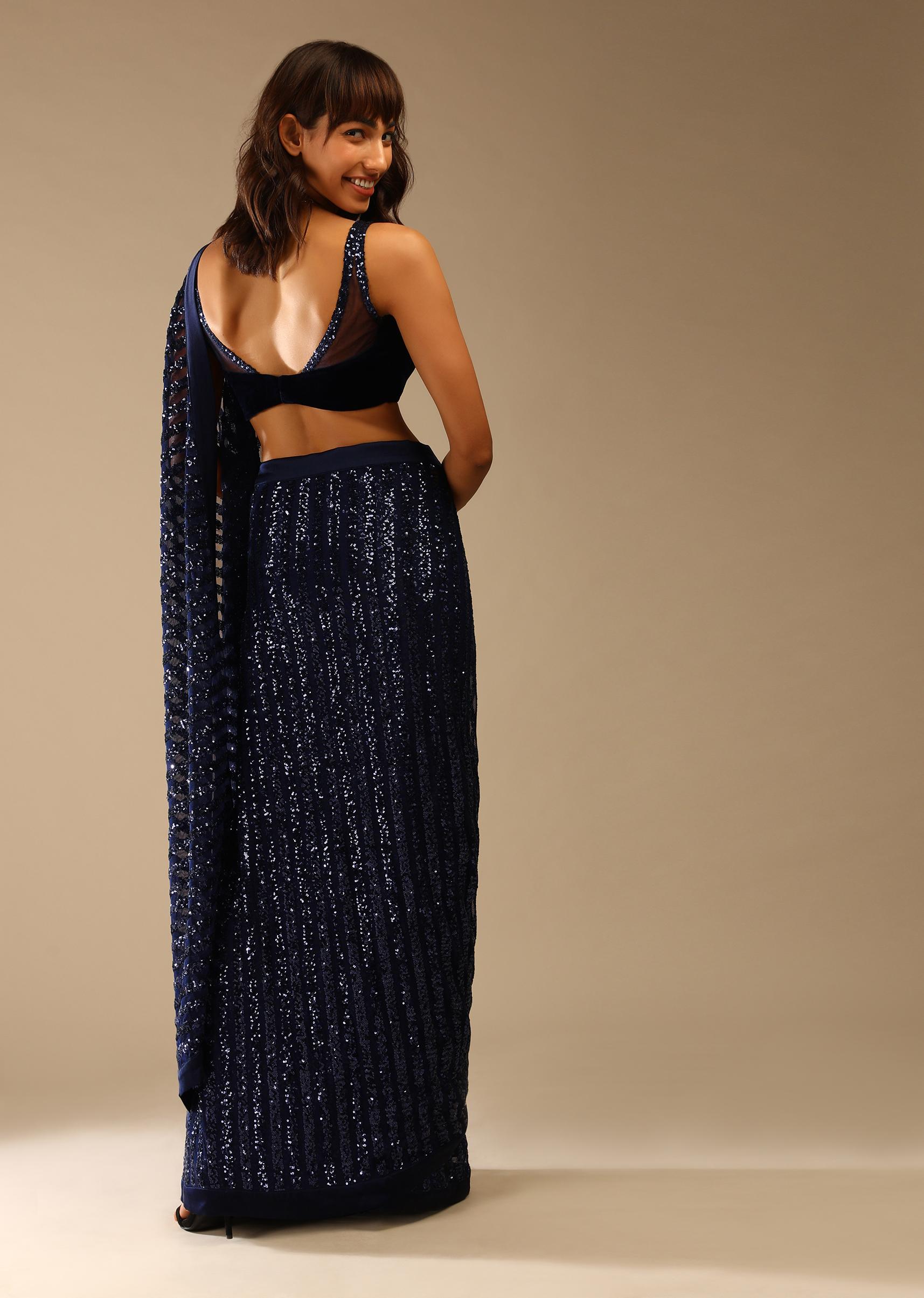 Kalki Fashion,M001RA445Y-SG59239,Midnight Blue Ready-To-Wear Sequins Saree With Velvet Blouse