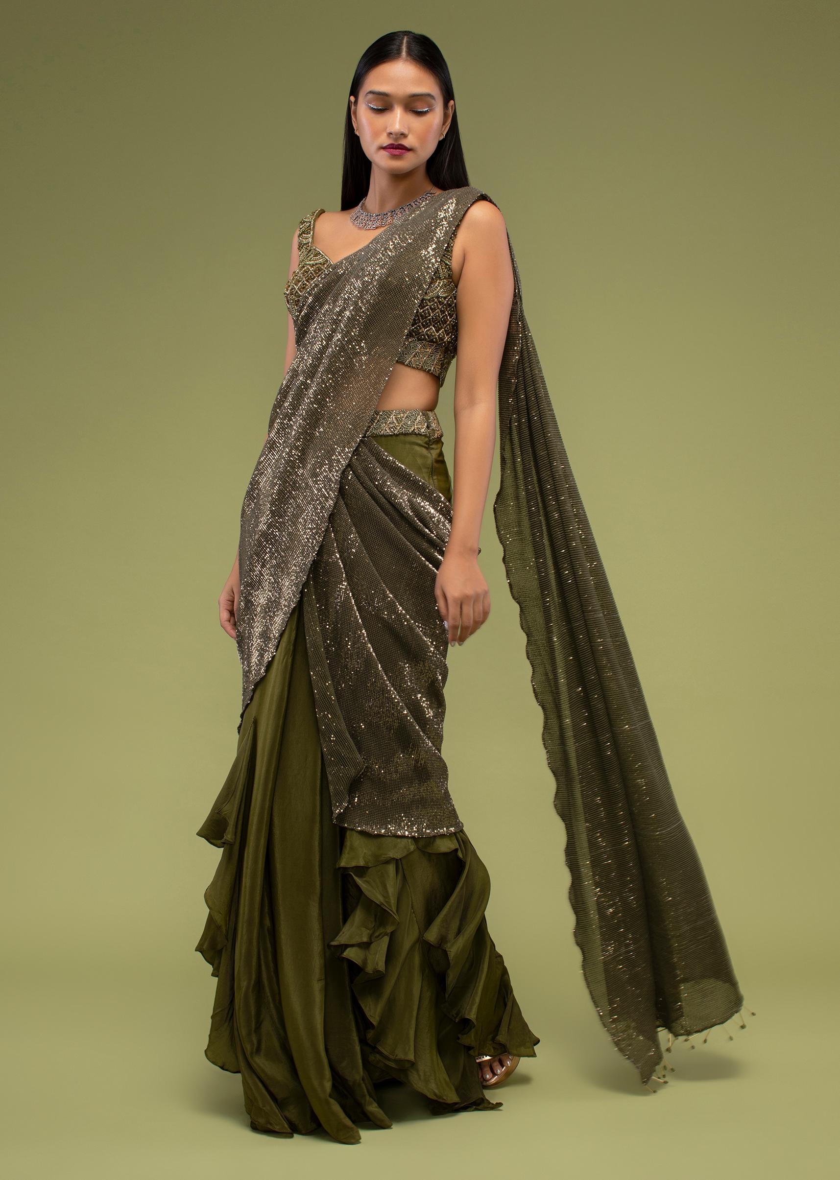 Kalki Fashion,M001RA654Y-SG97022,Military Olive Shimmer Crush Ruffled Ready-Pleated Saree, Crafted In Crush With Sequins Embroidery All Over With A Side Zip Closure