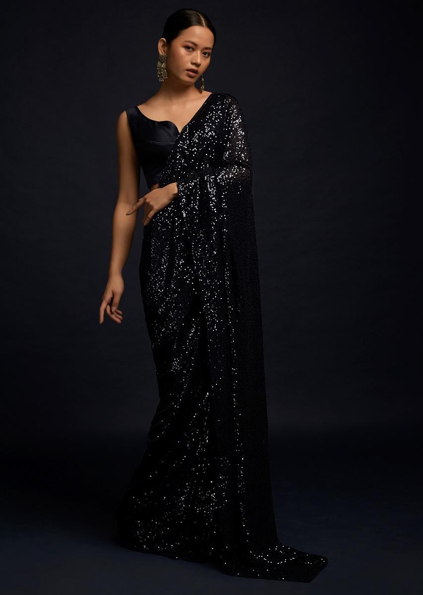 Kalki Fashion,M001M470Y-SG56040,Navy Blue Ready Pleated Saree Embellished In Sequins And Matching Milano Blouse With Sweetheart Neckline
