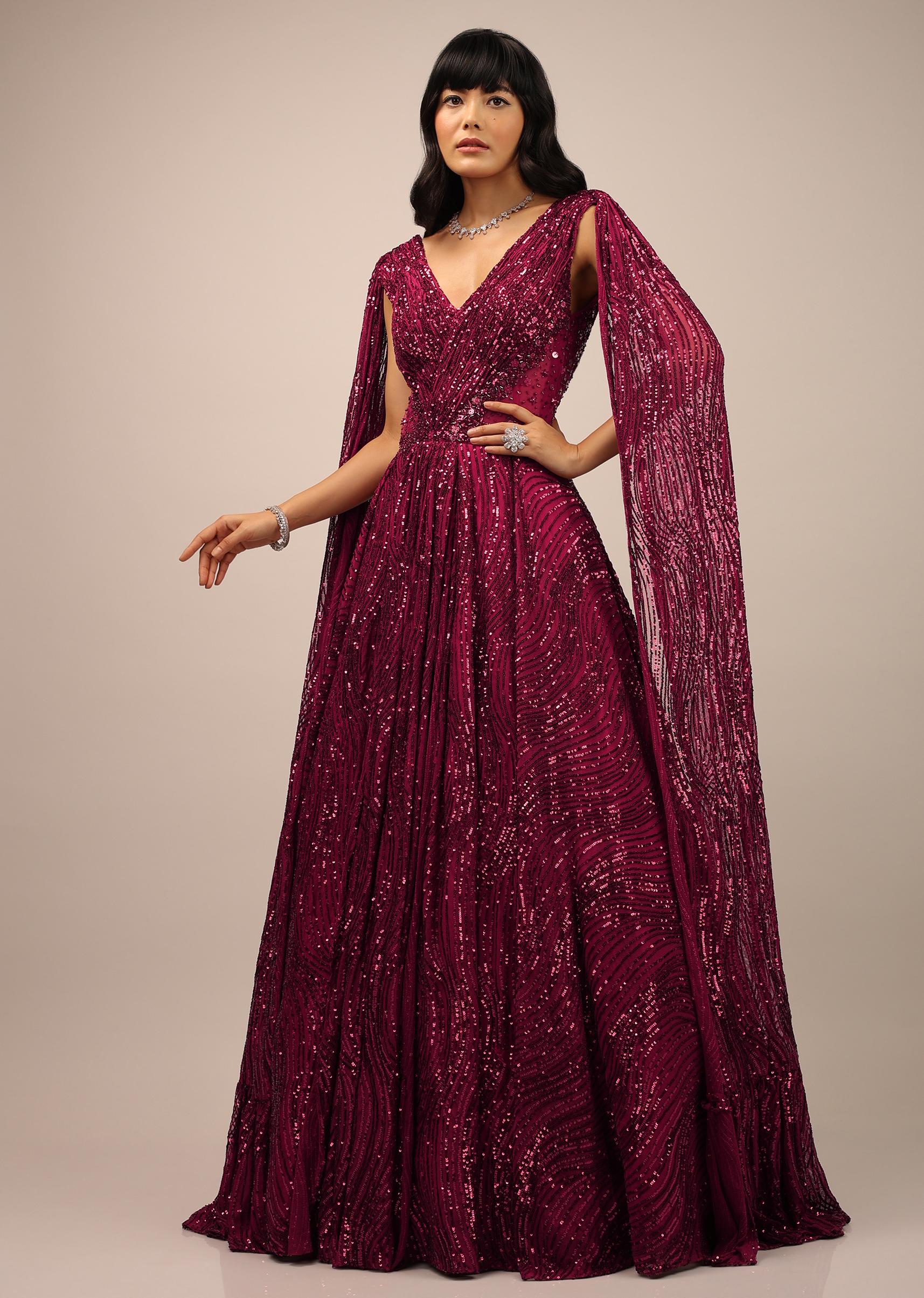 Kalki Fashion,SG95949,Persian Red Sequins Embellished Gown With Sheer Net On The Waist