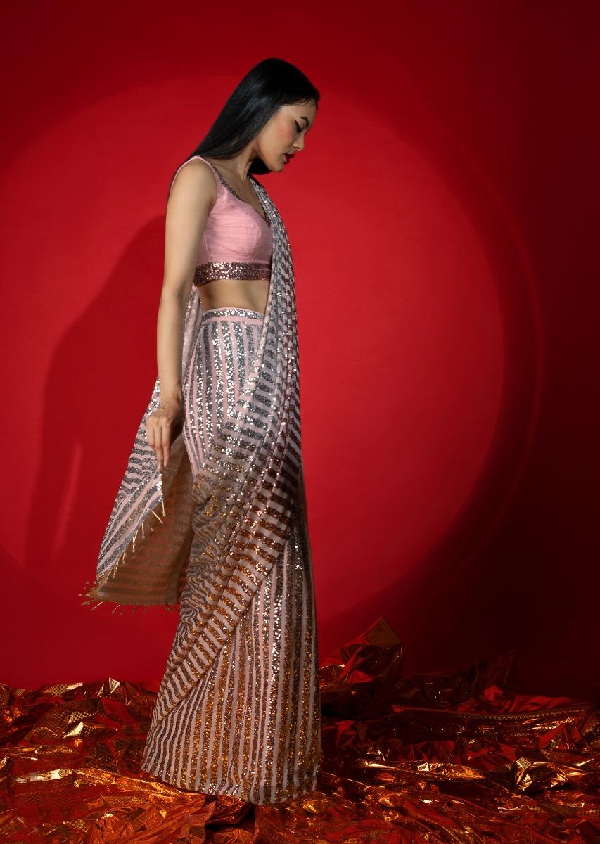 Kalki Fashion,M001AT369Y-SG61176,Rose Pink Ombre Ready Pleated Saree Embellished In Sequins With A Raw Silk Blouse Embellished With Sequins