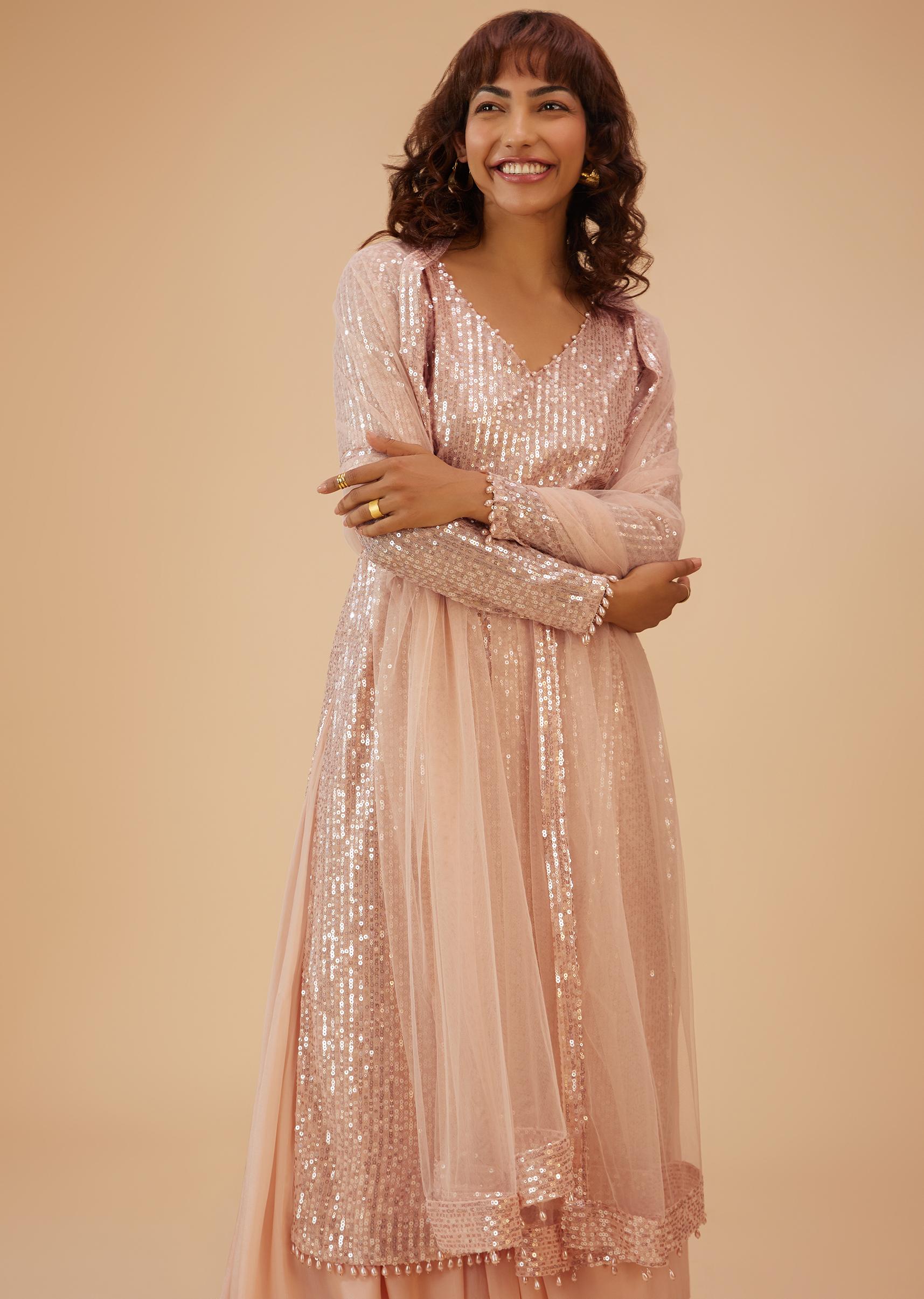 Kalki Fashion,SG117888,Salmon Pink Palazzo Suit In Sequins