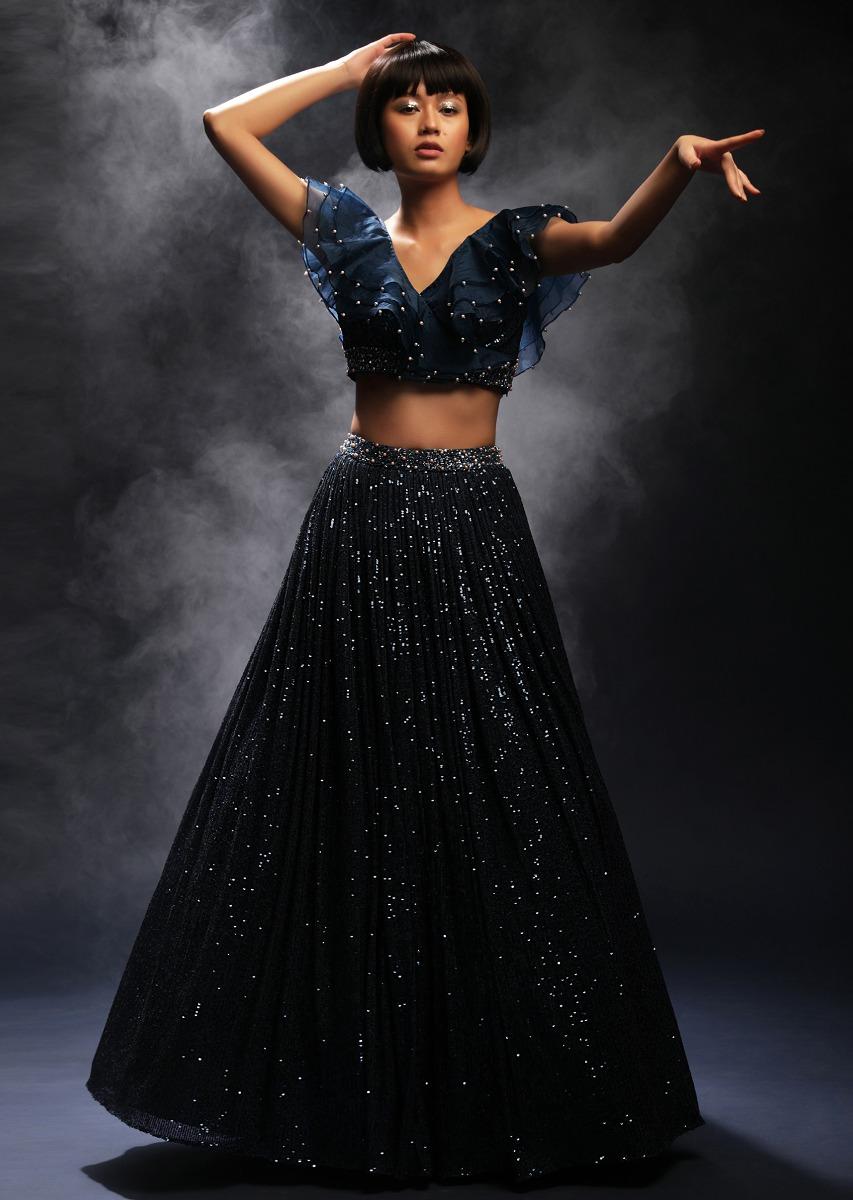 Kalki Fashion,M001RA431Y-SG58566,Teal Lehenga Embellished In Sequins Paired With A Ruffled Crop Top Adorned In Cut Dana And Moti Work