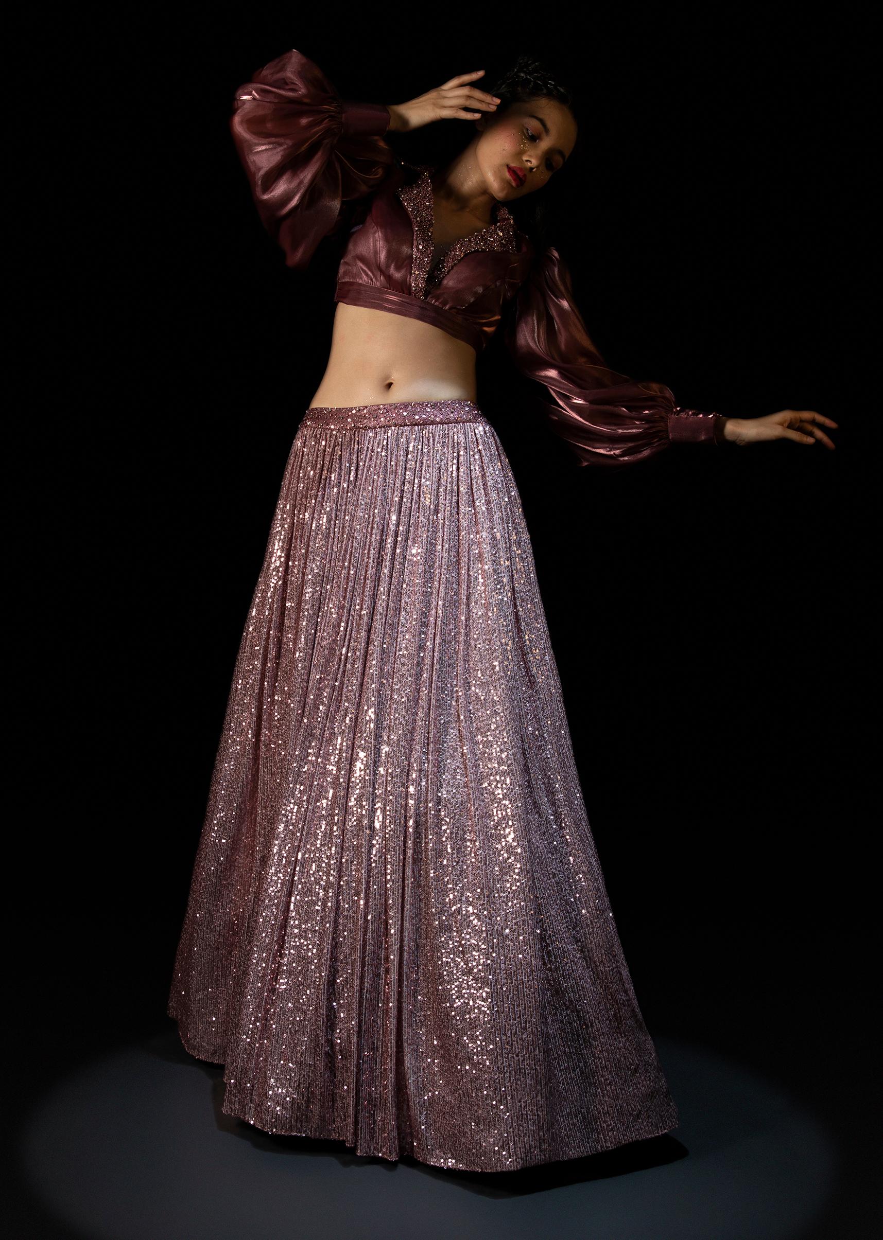Kalki Fashion,M001RA536Y-SG69956,Vintage Rose Pink Sequins Lehenga With A Balloon Sleeves Crop Top Featuring Embroidered Lapel Collar Neckline