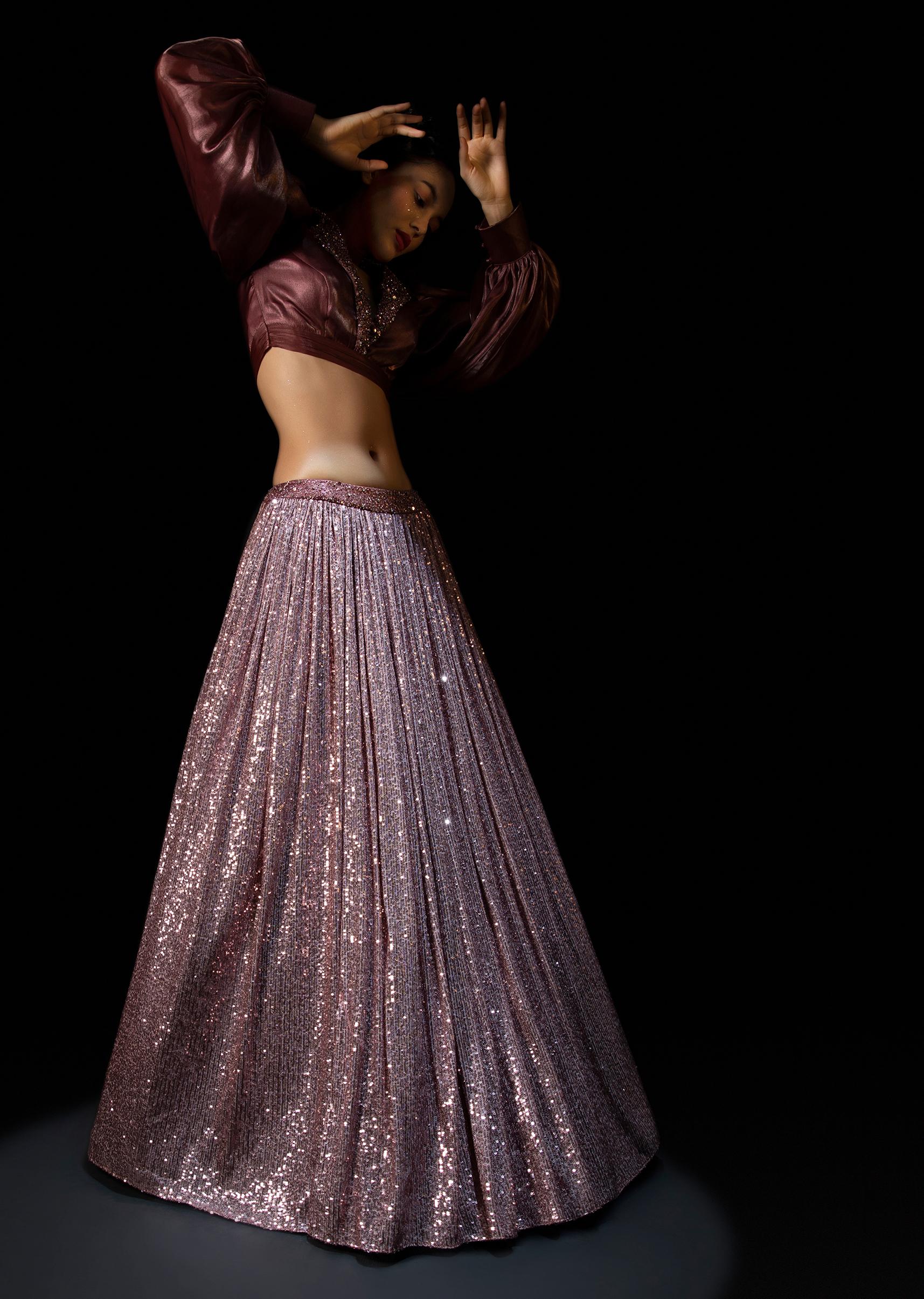 Kalki Fashion,M001RA536Y-SG69956,Vintage Rose Pink Sequins Lehenga With A Balloon Sleeves Crop Top Featuring Embroidered Lapel Collar Neckline