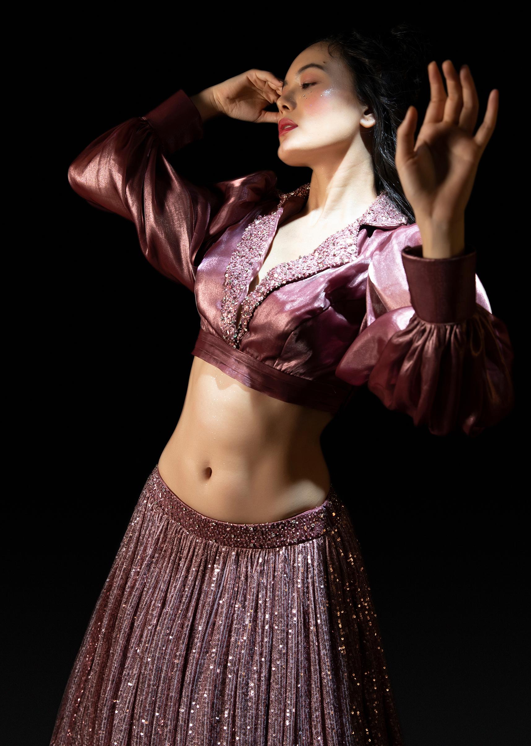 Kalki Fashion,M001RA536Y-SG69956,Vintage Rose Pink Sequins Lehenga With A Balloon Sleeves Crop Top Featuring Embroidered Lapel Collar Neckline