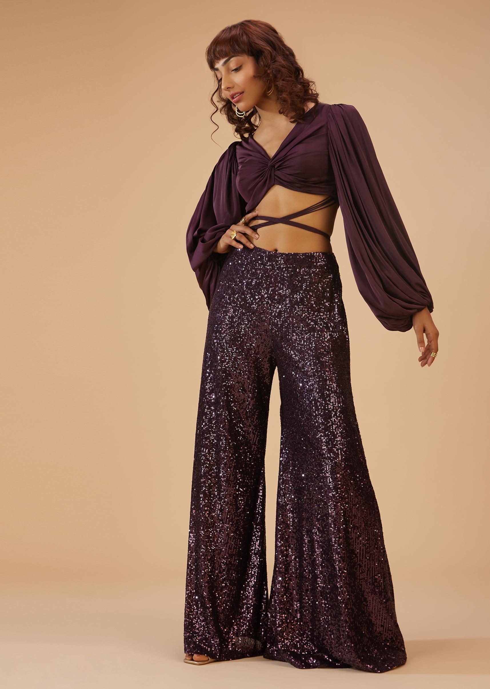 Kalki Fashion,SG114715,Wine Purple Palazzo And Crop-Top Set