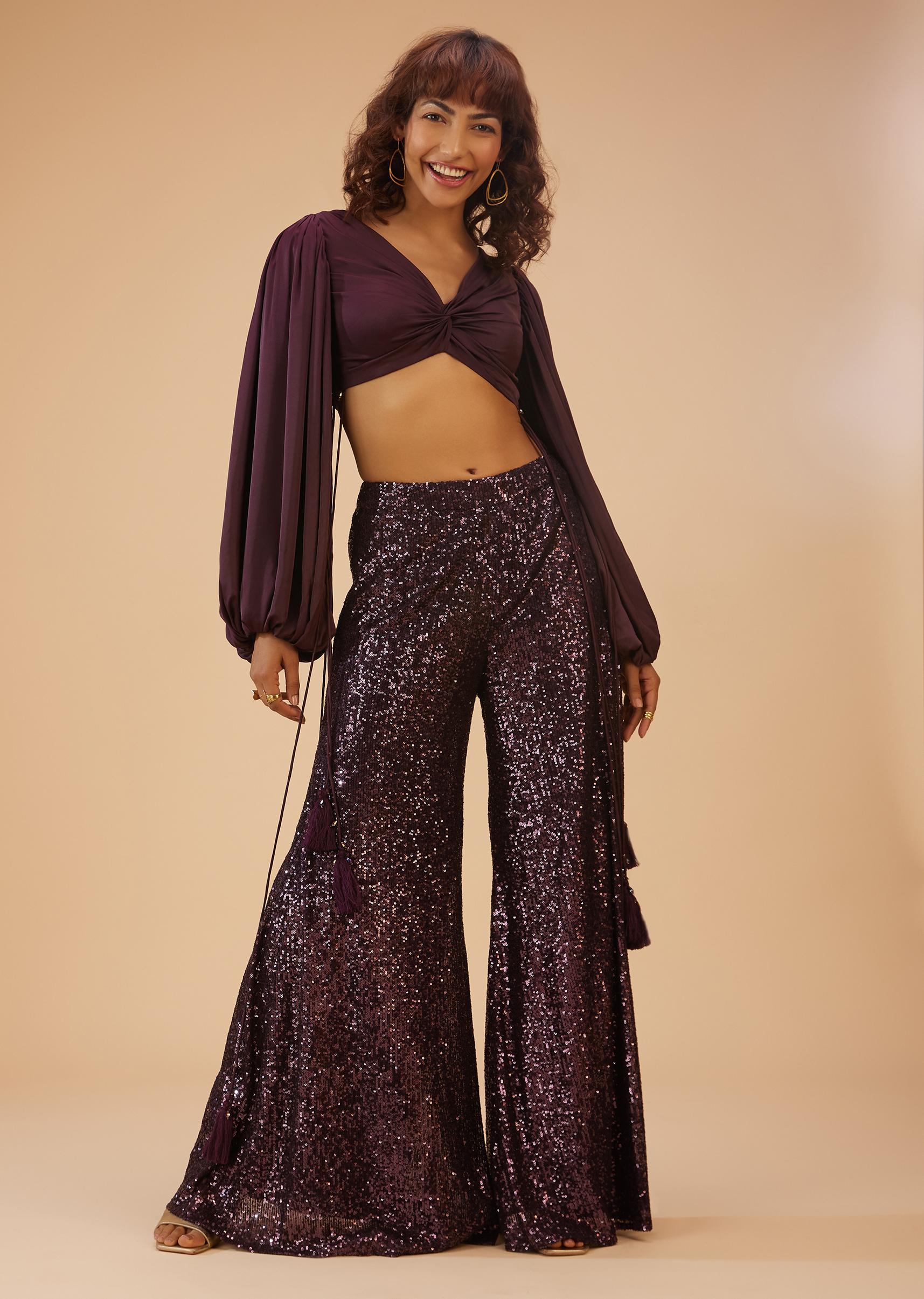 Kalki Fashion,SG114715,Wine Purple Palazzo And Crop-Top Set