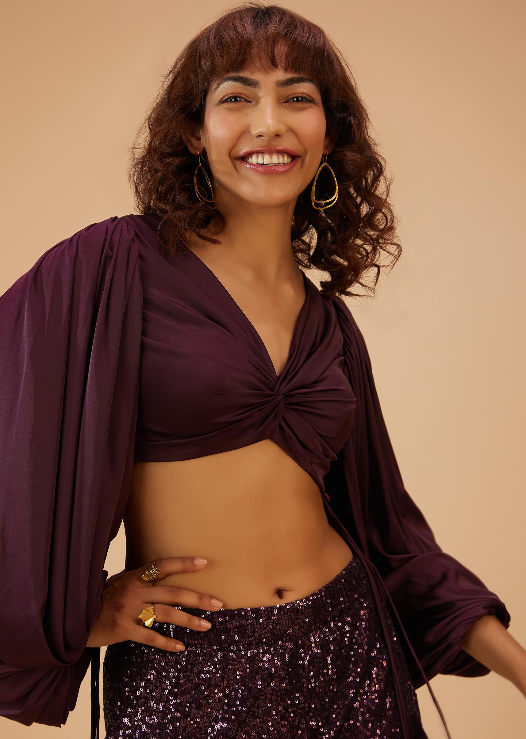 Kalki Fashion,SG114715,Wine Purple Palazzo And Crop-Top Set