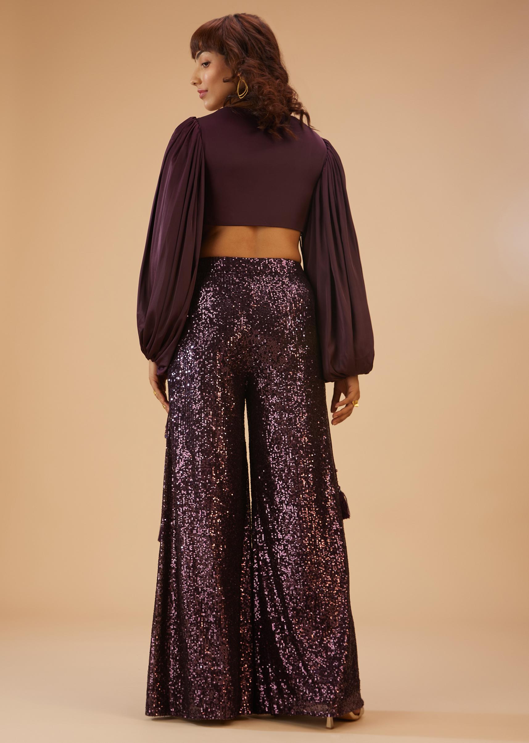 Kalki Fashion,SG114715,Wine Purple Palazzo And Crop-Top Set