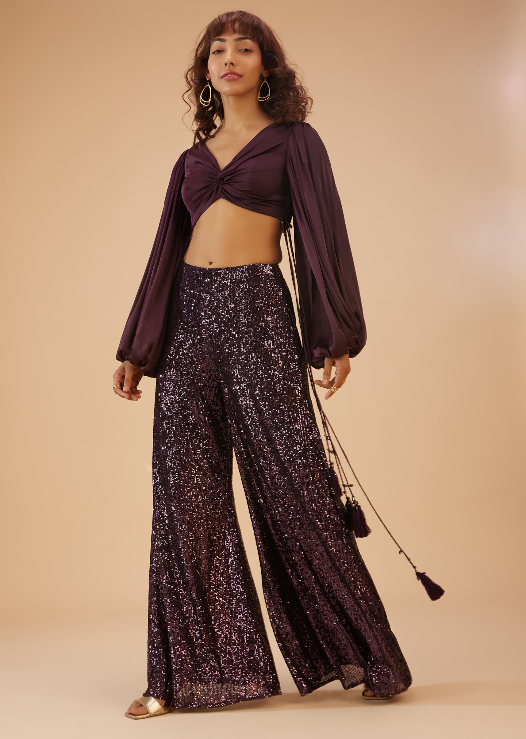 Kalki Fashion,SG114715,Wine Purple Palazzo And Crop-Top Set